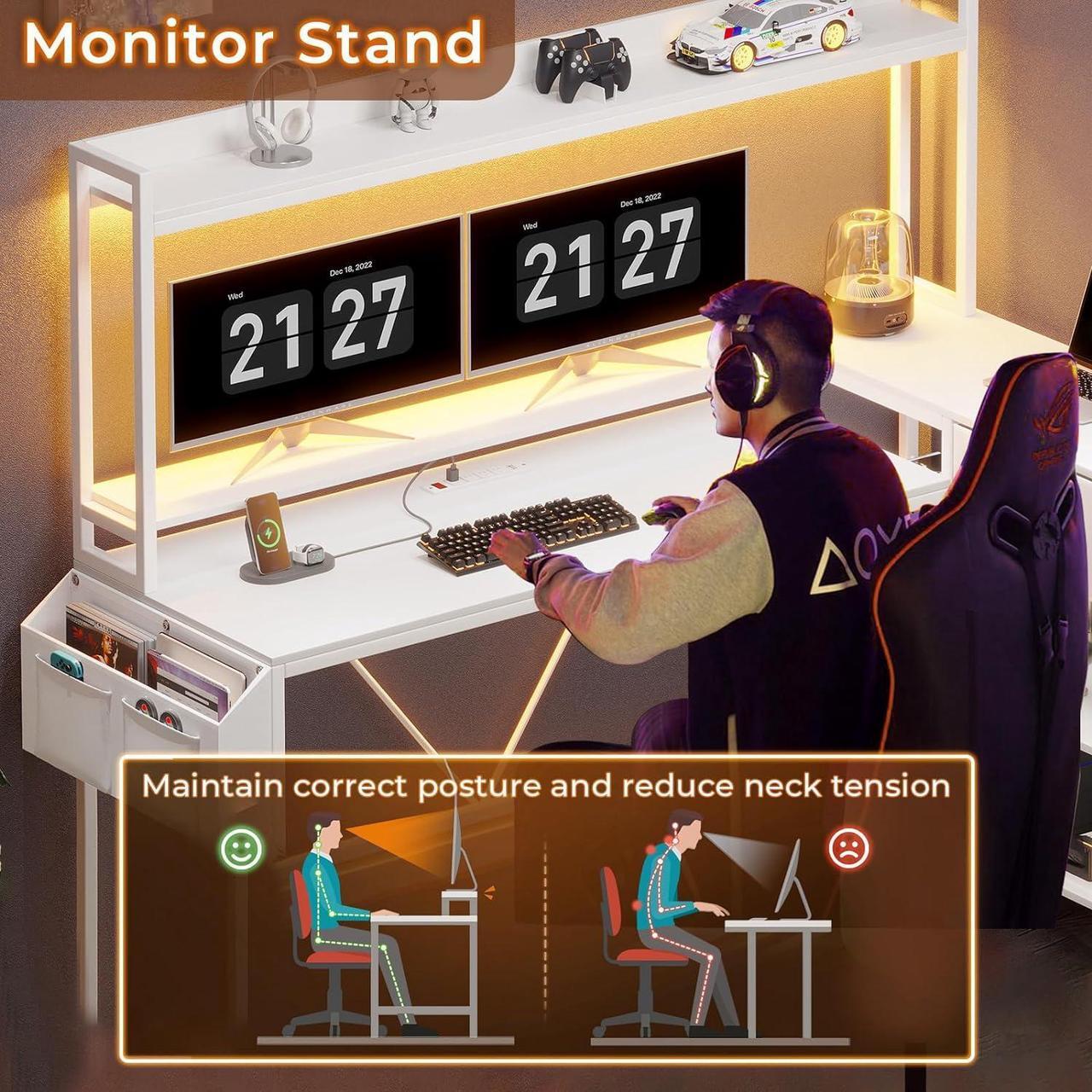 Alt view image 6 of 7 - White L Shaped Gaming Desk, 55" Corner Desk with Fabric Drawer and Storage Shelves, L Shaped Desk with Hutch, LED Lights, Power Strip, Monitor Stand for Home Office