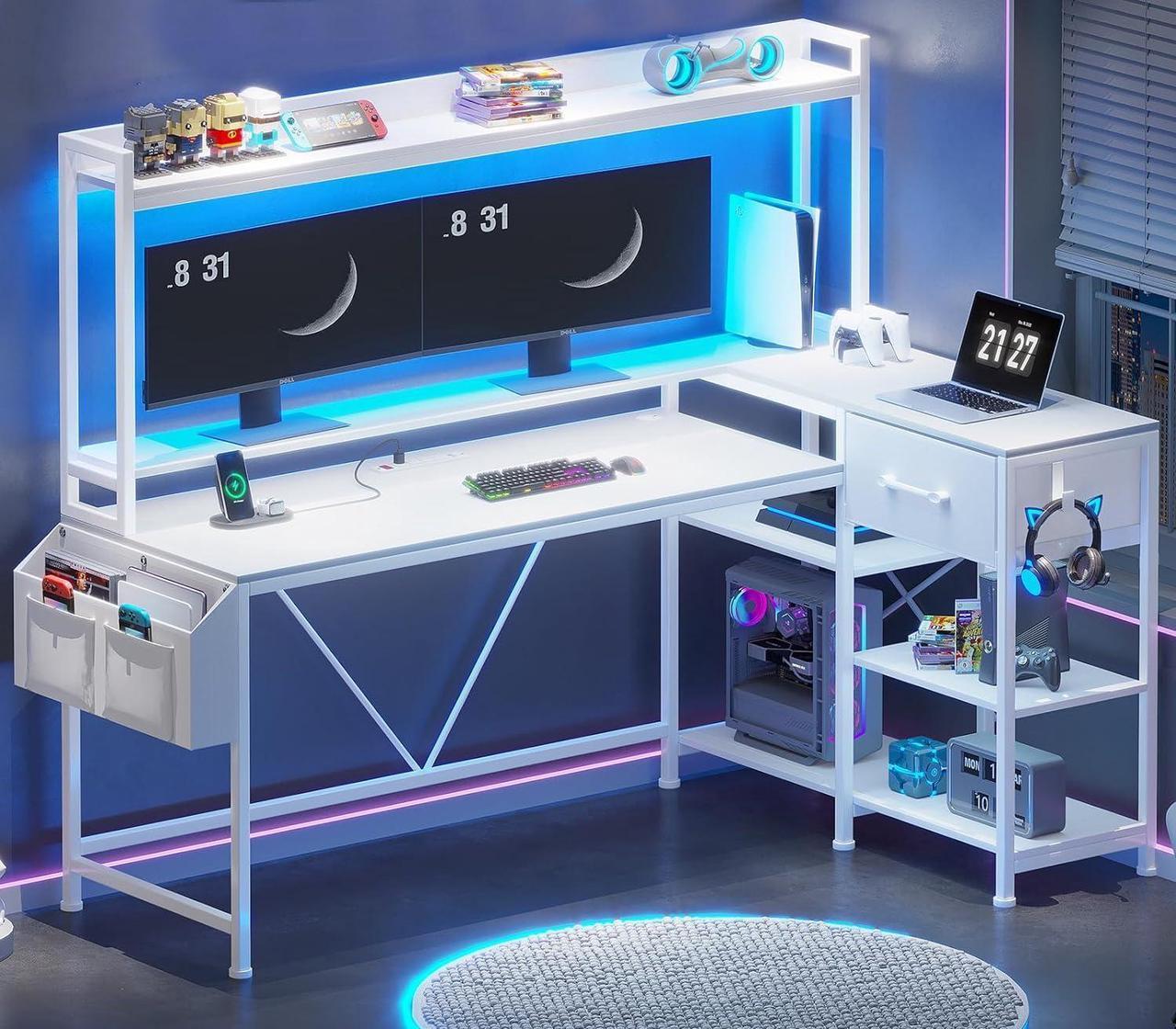 Alt view image 7 of 7 - White L Shaped Gaming Desk, 55" Corner Desk with Fabric Drawer and Storage Shelves, L Shaped Desk with Hutch, LED Lights, Power Strip, Monitor Stand for Home Office