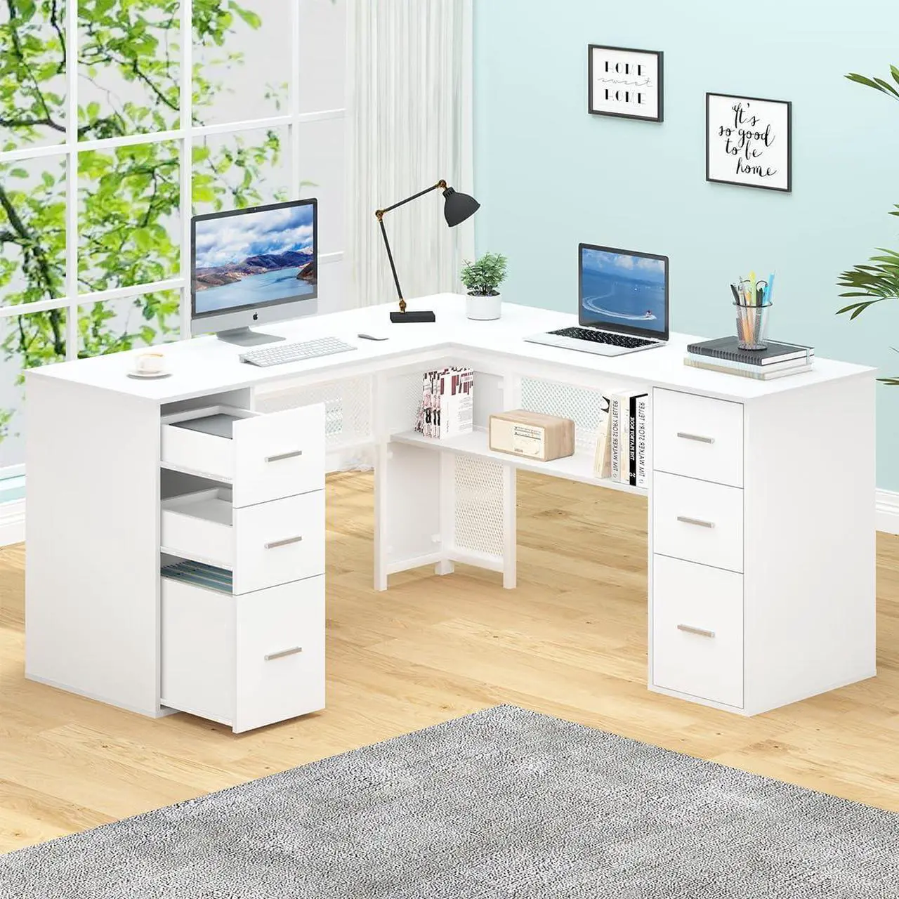 Alt view image 4 of 7 - HSH White L Shaped Desk with Drawers Shelves, Large Home Office Corner Computer Desk with Storage File Cabinet, Modern Metal Wood Desk for Executive Writing Study Workstation, 59 Inch Bedroom Table