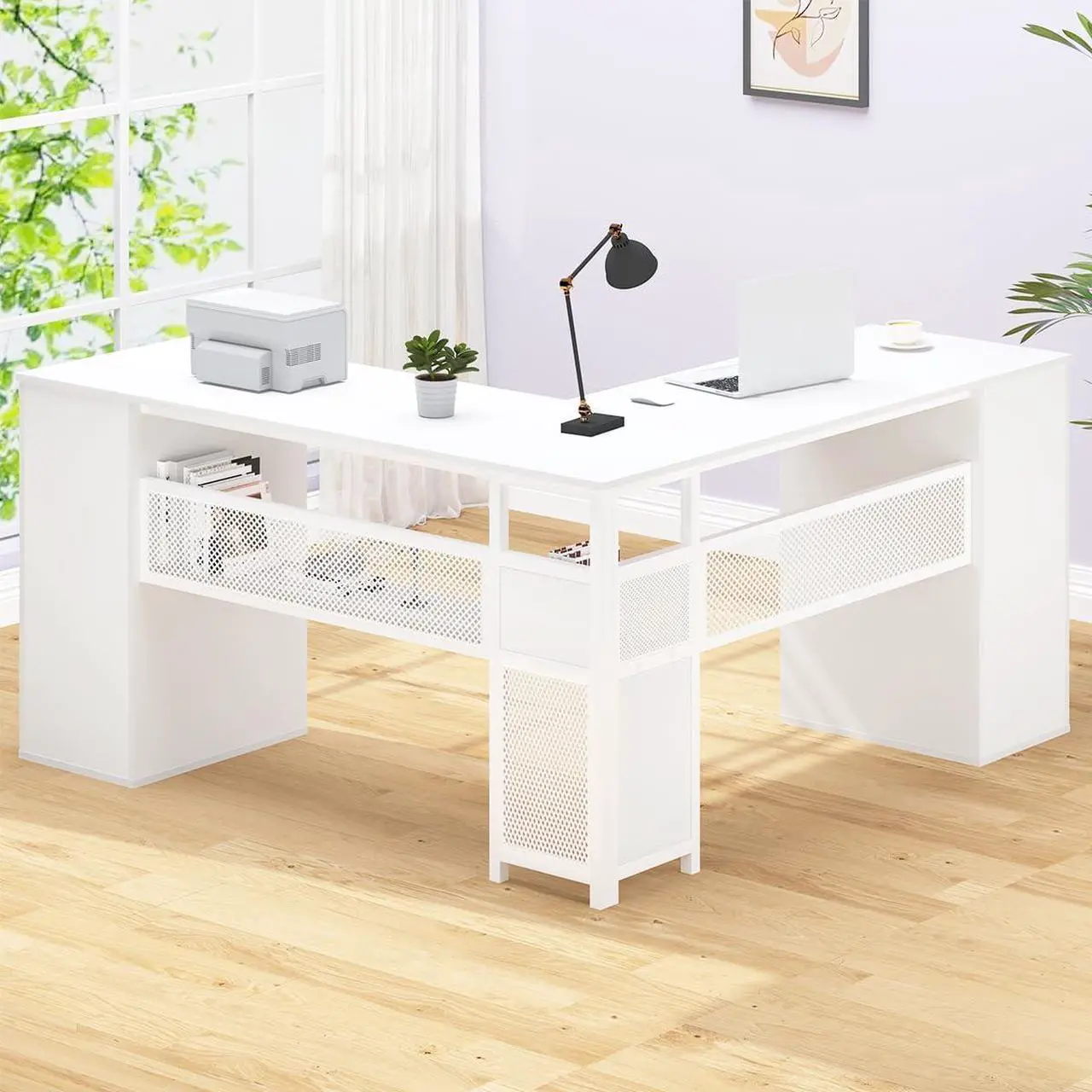 Alt view image 5 of 7 - HSH White L Shaped Desk with Drawers Shelves, Large Home Office Corner Computer Desk with Storage File Cabinet, Modern Metal Wood Desk for Executive Writing Study Workstation, 59 Inch Bedroom Table