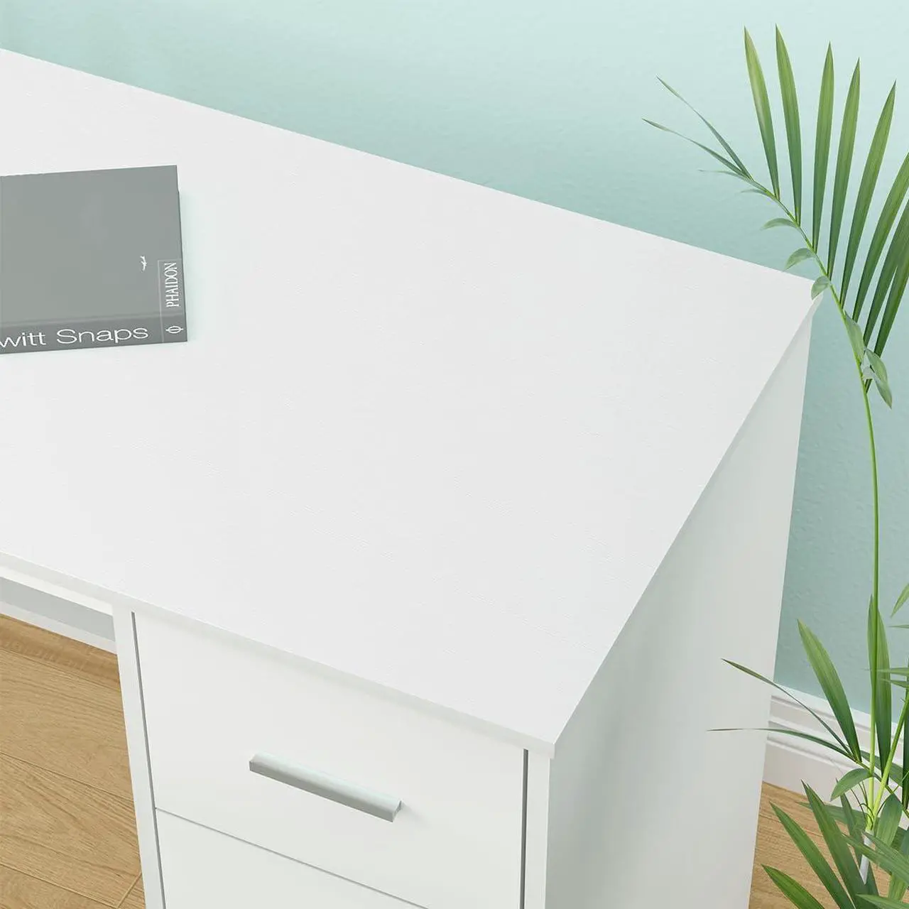 Alt view image 6 of 7 - HSH White L Shaped Desk with Drawers Shelves, Large Home Office Corner Computer Desk with Storage File Cabinet, Modern Metal Wood Desk for Executive Writing Study Workstation, 59 Inch Bedroom Table