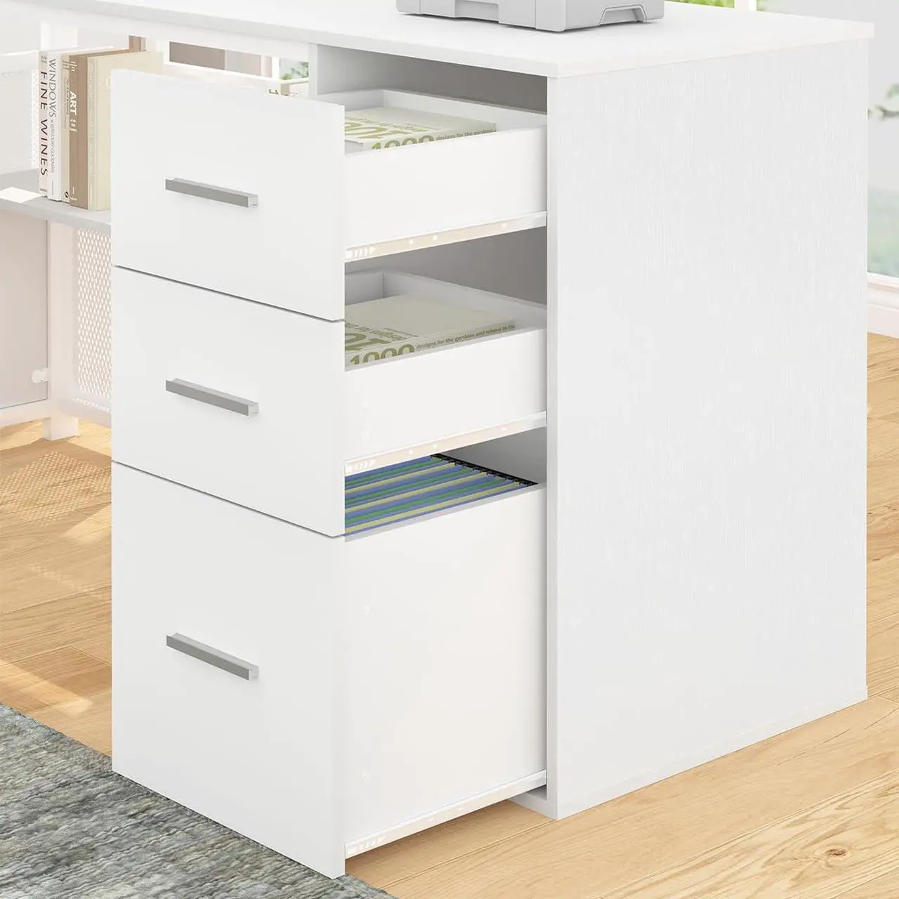 Alt view image 7 of 7 - HSH White L Shaped Desk with Drawers Shelves, Large Home Office Corner Computer Desk with Storage File Cabinet, Modern Metal Wood Desk for Executive Writing Study Workstation, 59 Inch Bedroom Table