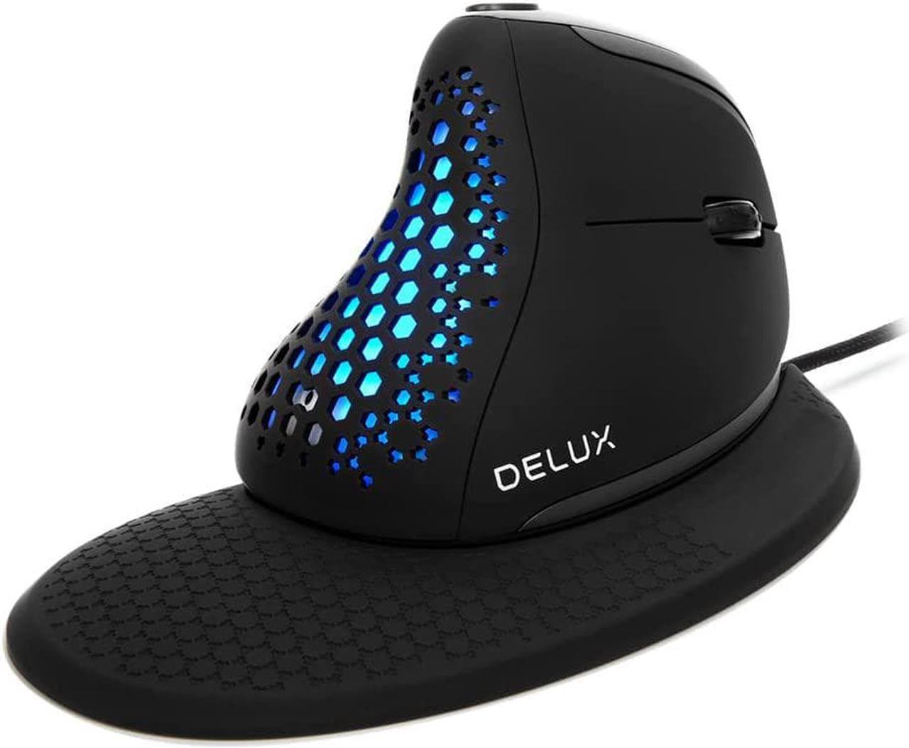 DELUX Seeker Wired Ergonomic Vertical Mouse with Thumb Wheel, 6 Programmable Buttons, 4000DPI, RGB Light, Exchangeable Back Cover, Removable Palm Rest for Reduce Hand Pain (M618XSU-Black)