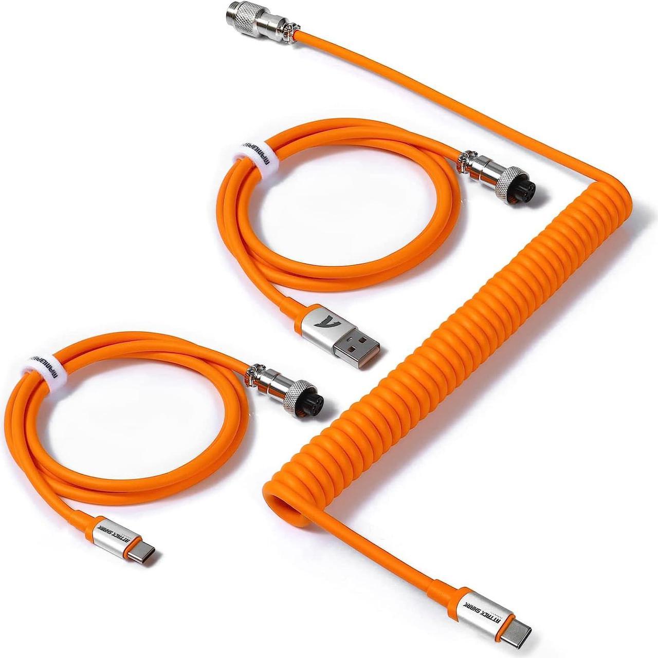 C04 2 in 1 Custom Coiled USB C Cable for Gaming Keyboard-Detachable Double Sleeve Spiral Cable with 5 Pin Aviator Connector for PS4,Xbox-USB A to Type C&Type C to Type C(1.62+3.28inch)-Orange