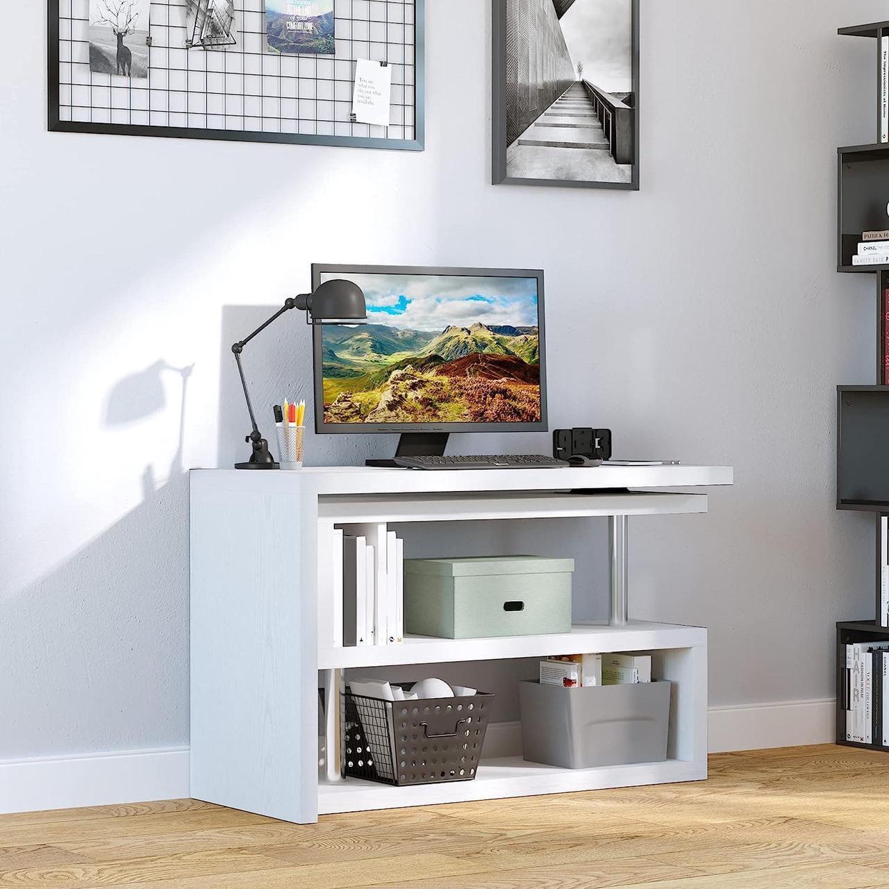 Alt view image 7 of 7 - HOMCOM 360 Degree Rotating Corner Computer Desk, L Shaped Desk, Home Office Workstation with 3-Tier Storage Shelves, White