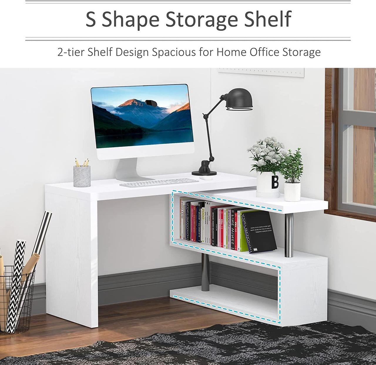 Alt view image 5 of 7 - HOMCOM 360 Degree Rotating Corner Computer Desk, L Shaped Desk, Home Office Workstation with 3-Tier Storage Shelves, White
