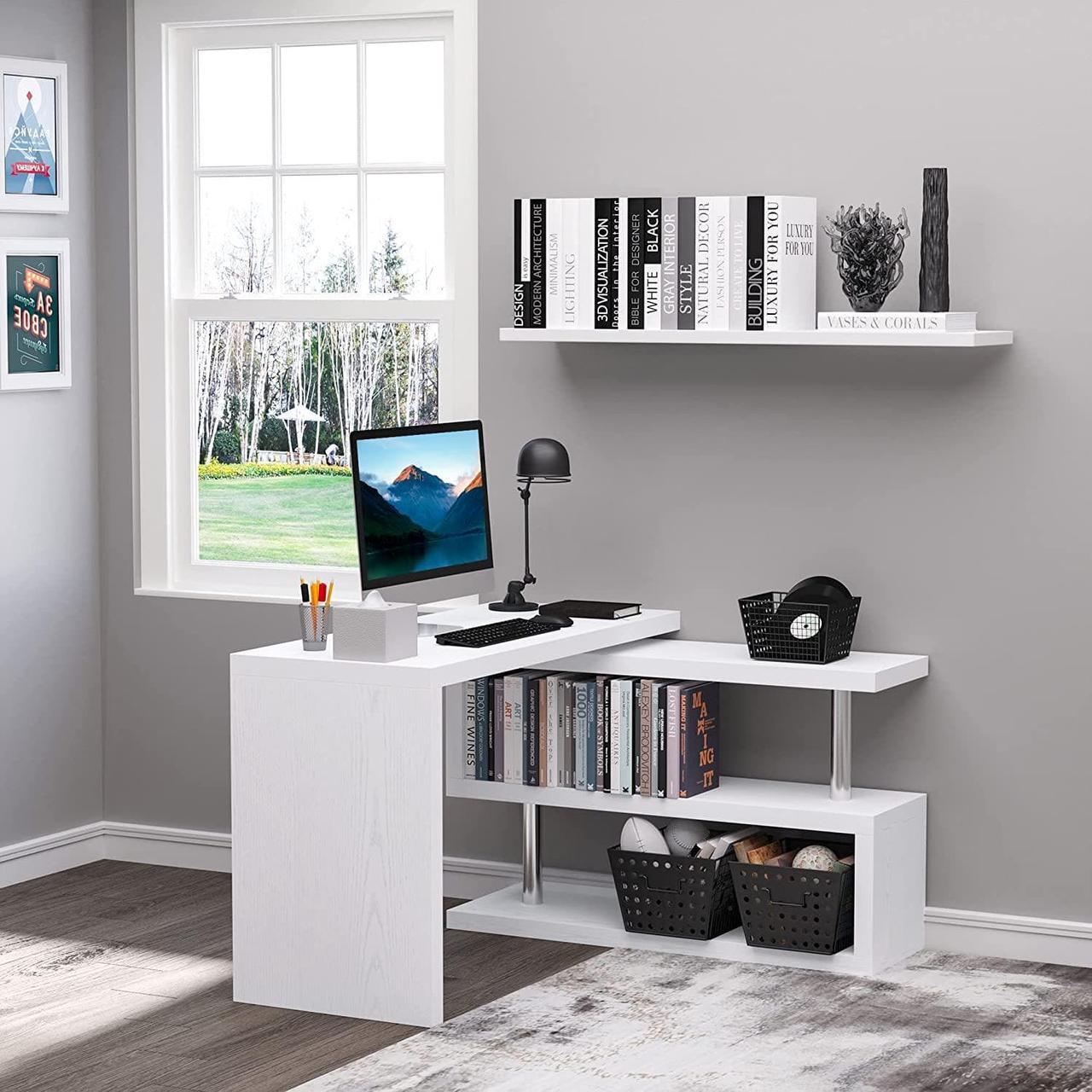 Alt view image 2 of 7 - HOMCOM 360 Degree Rotating Corner Computer Desk, L Shaped Desk, Home Office Workstation with 3-Tier Storage Shelves, White