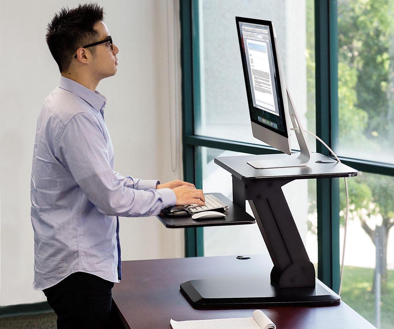 Alt view image 4 of 7 - Mount-It! Sit Stand Desk Converter, Ergonomic Height Adjustable Tabletop Standing Desk, Gas Spring Compact Desk Riser MI-7916, Black Stand