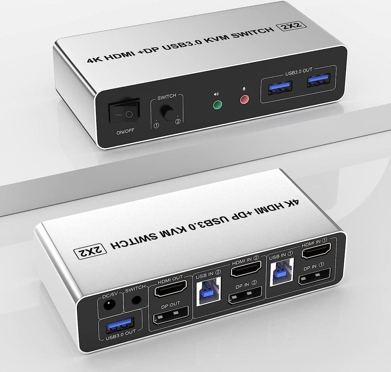 USB 3.0 DisplayPort + HDMI KVM Switch Dual Monitor 2 Port, 4K@60Hz 2 in 2 Out KVM Switch for 2 Computers Share 2 Monitors with 3 USB 3.0 and Audio Microphone, PC Monitor Keyboard Mouse Switcher