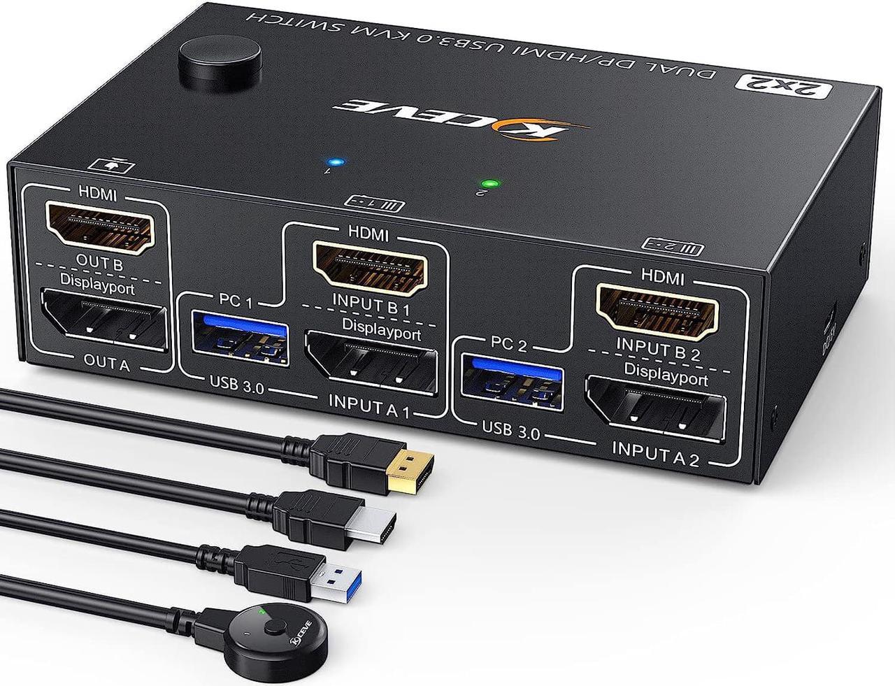 USB 3.0 Dual Monitor KVM Switch HDMI+Displayport 4K@60Hz,2K@120Hz,Camgeet 2 Monitors 2 Computers KVM Switch for 2 Computer Share 2 Display and 4 USB3.0 Devices.Wired Remote and 4 Cables Included