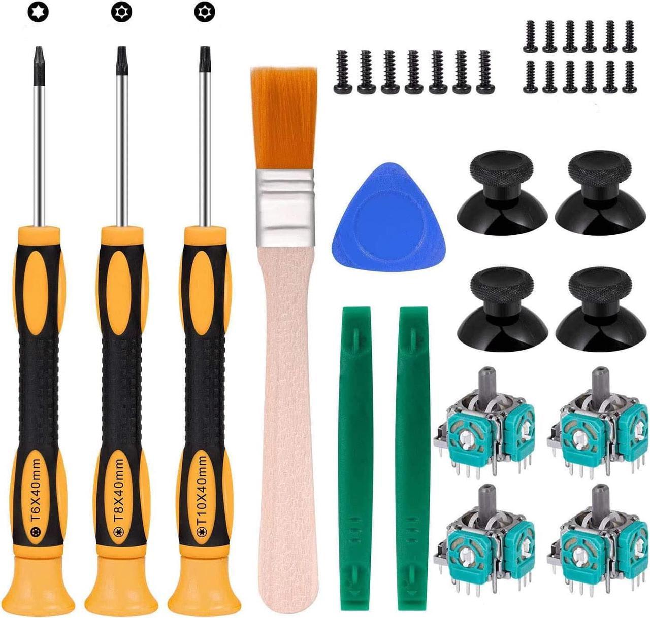 4pcs Replacement Thumbsticks Joysticks Repair Replacement Parts Plating Workmanship T6 T8 T10 Screwdriver Repair Kit with Full Repair Tool Set.