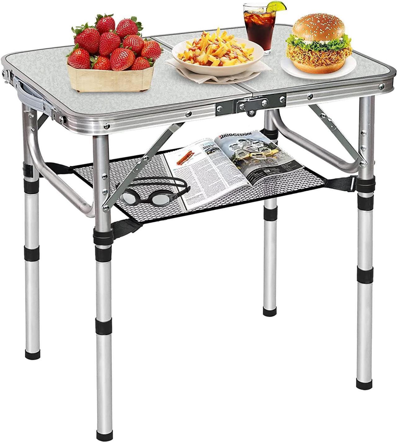 Small Folding Table,3 Adjustable Height Foldable Table,2Ft Portable Camping Table,Outdoor Folding Table with Net MeshFolding Beach Table,White Metal Folding Table for Patio BBQ