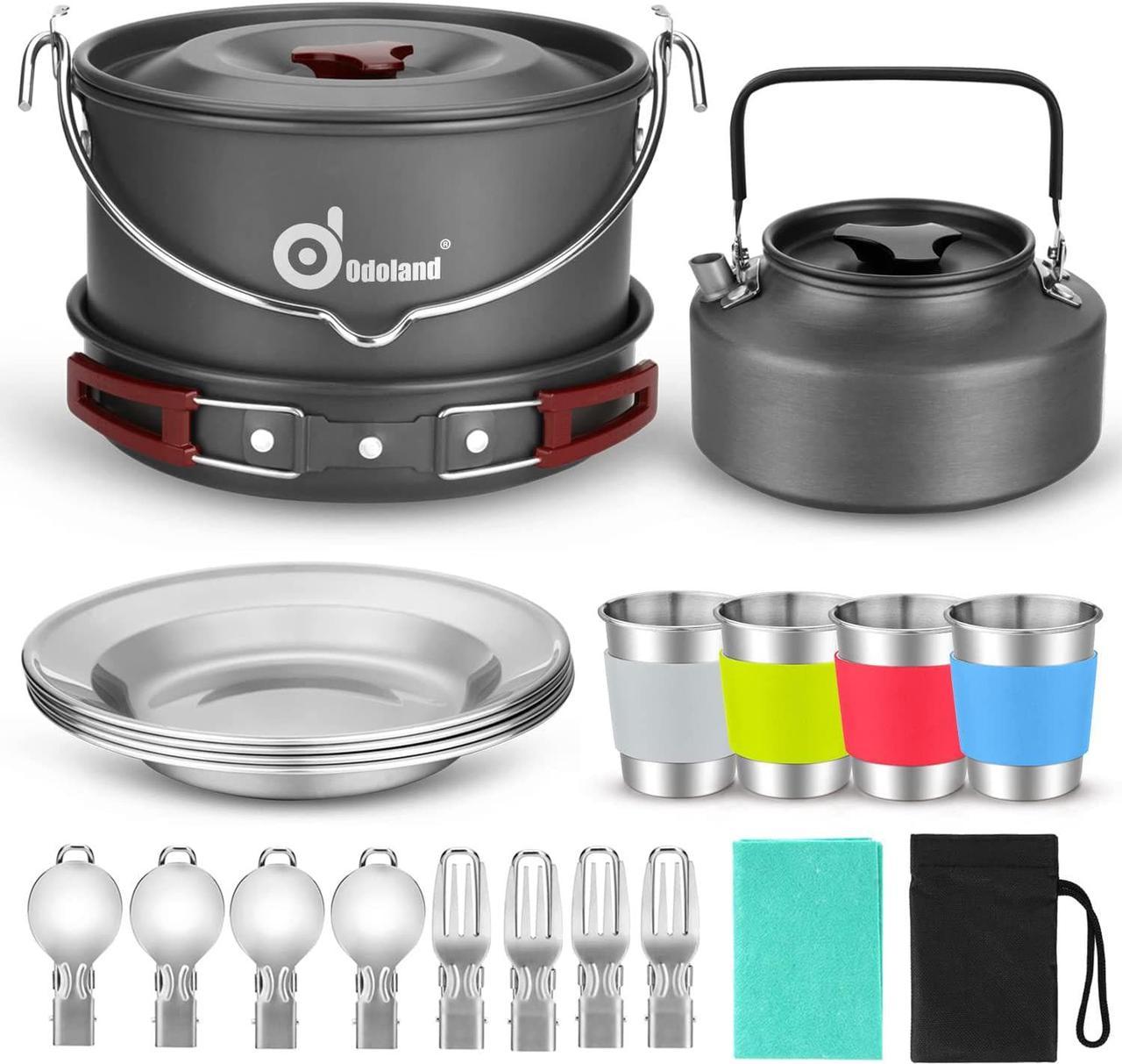 Odoland 22pcs Camping Cookware Mess Kit, Large Size Hanging Pot Pan Kettle with Base Cook Set for 4, Cups Dishes Forks Spoons Kit for Outdoor Camping Hiking and Picnic