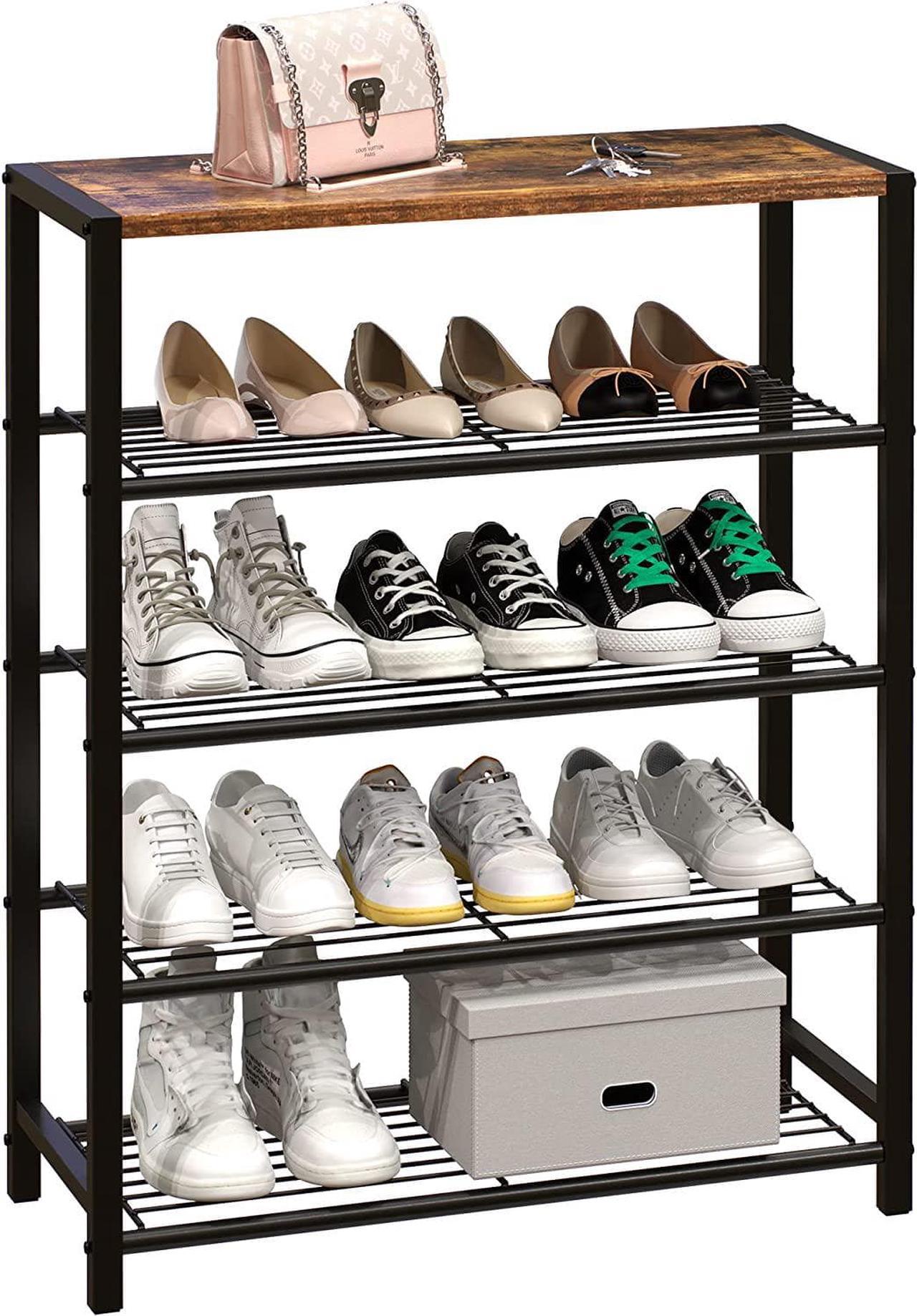 Yusong Shoe Rack, 5 Tier Shoe Organizer Storage for Closet Entryway, Narrow Tall Metal Shoe Shelves with Industrial Wooden Top, Rustic Brown and Black