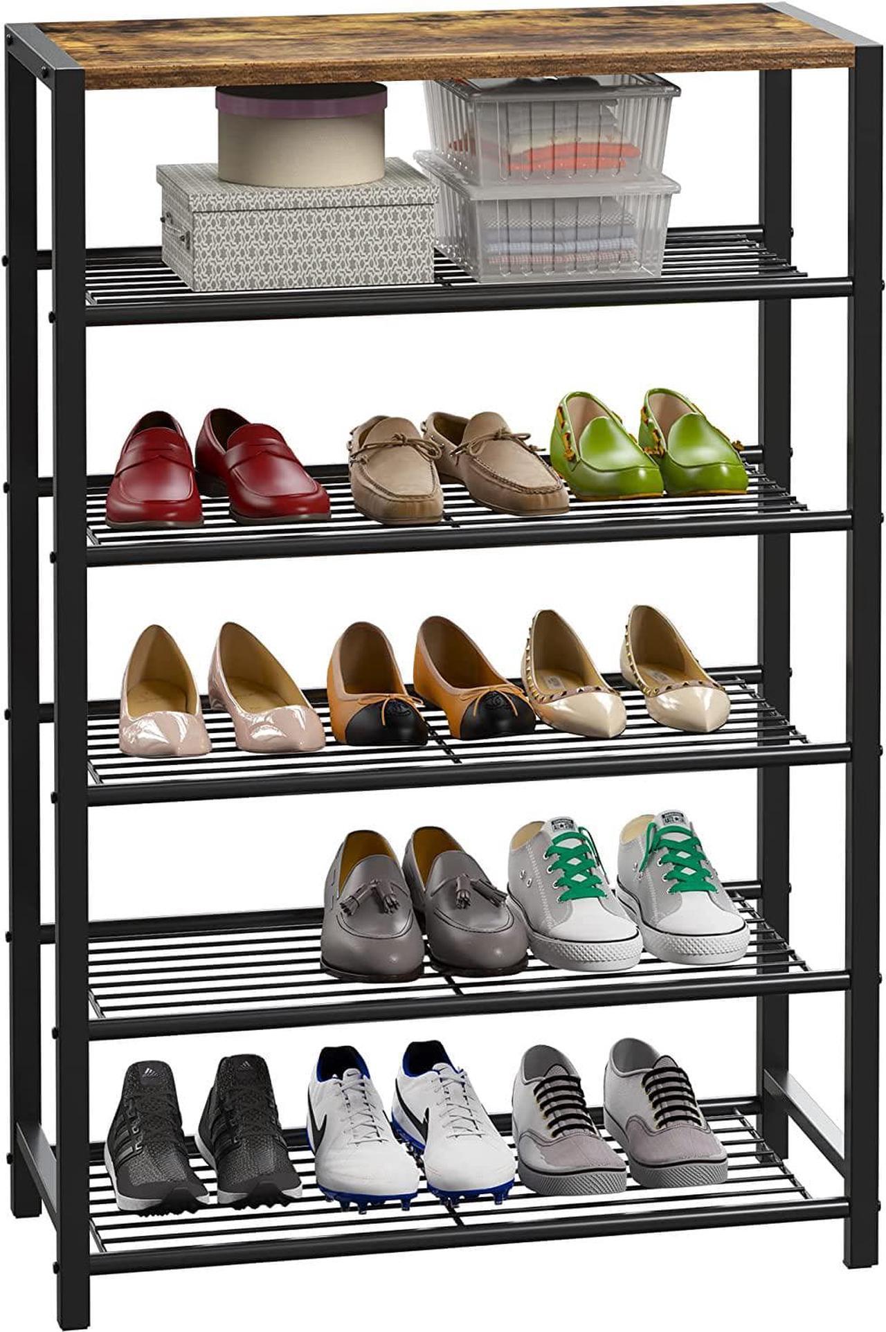 Yusong Shoe Rack, 6 Tier Shoe Organizer Storage for Closet Entryway, Narrow Tall Metal Shoe Shelves with Industrial Wooden Top, Rustic Brown and Black