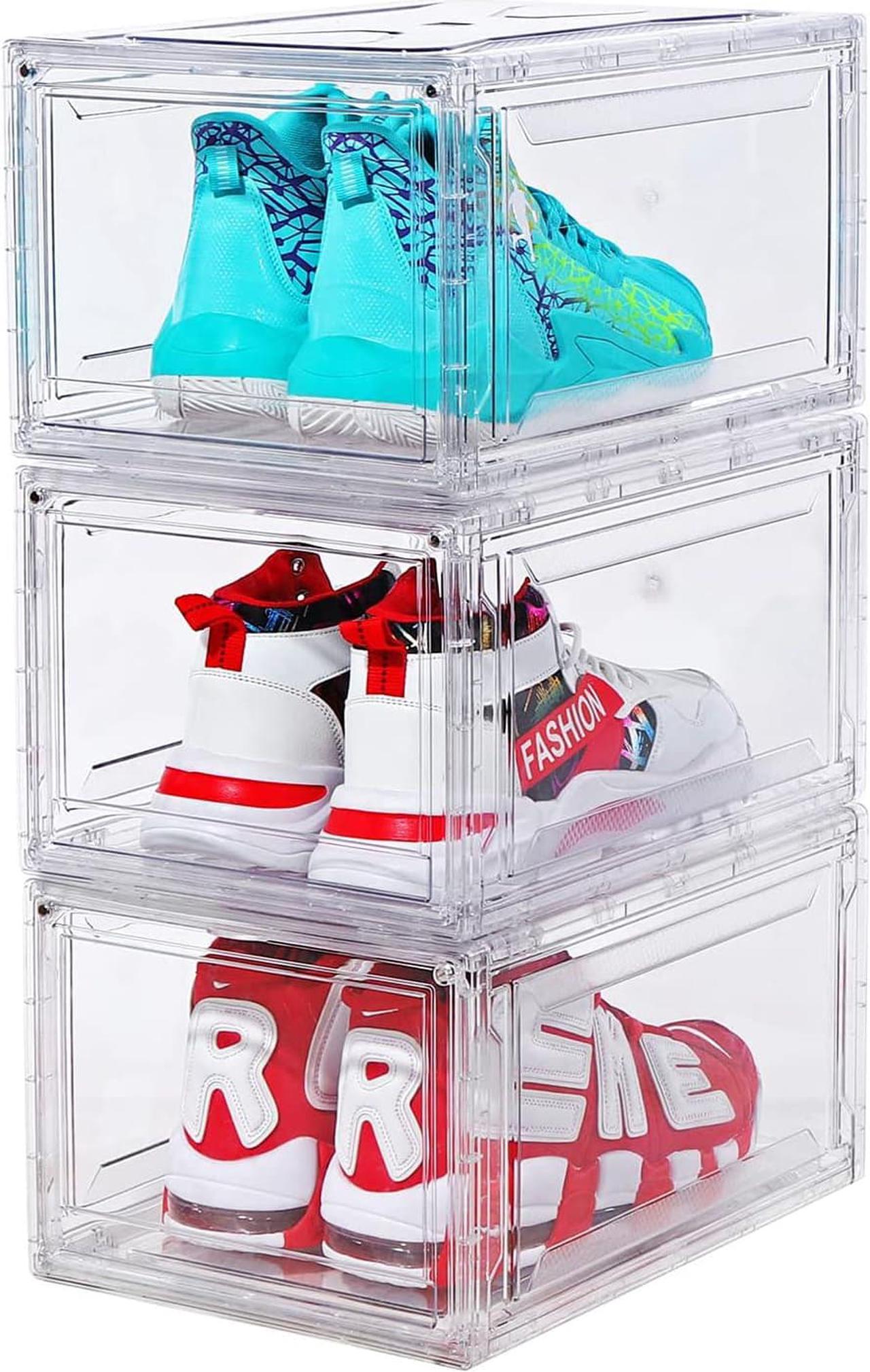 SAISTORY Shoe Box Clear Sturdy Shoe Storage Box Stackable Shoe Organizer X-Large Shoes Bin Space Saving Shoe Container Shoe Display Box with Magnetic Fits Size 14 Shoes (3 Pack)