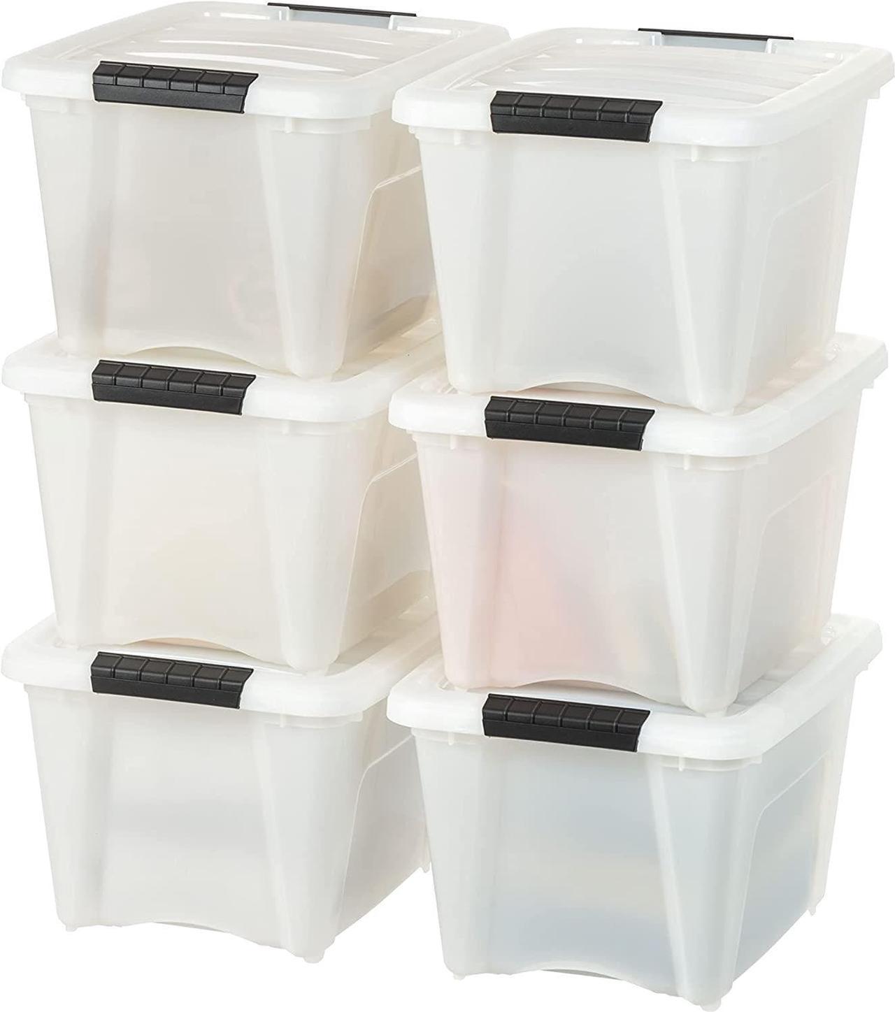 IRIS USA 18L (19 US Qt.) Stackable Plastic Storage Bins with Lids and Latching Buckles, 6 Pack - Pearl, Containers with Lids and Latches, Durable Nestable Closet, Garage, Totes, Tubs Boxes Organizing