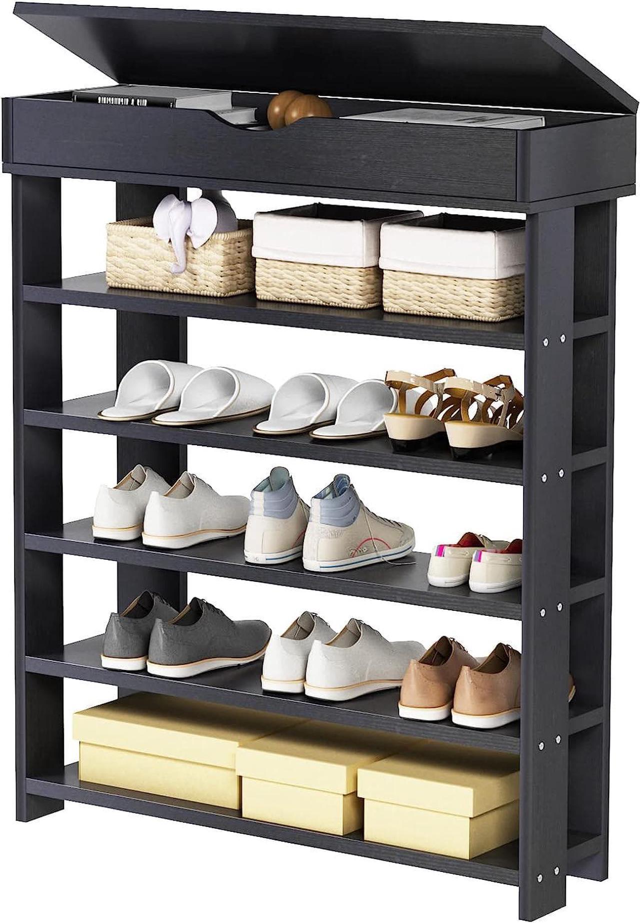 SogesHome 5 Tier Free Standing 29.5 Inch Shoe Rack Wooden Shoe Storage Shelf Shoe Organizer, with Cabinet, Black, L24-BK-HCA