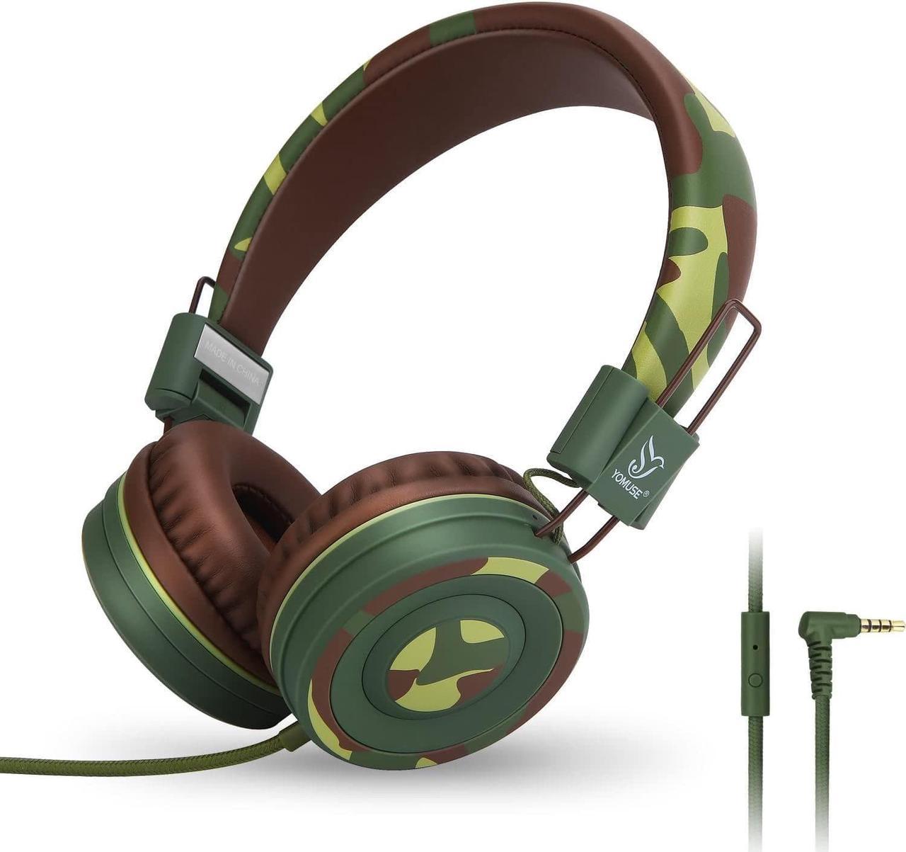 Yomuse C89 Kids Headphones, Wired Headphone with Microphone, On Ear Headphone with Adjustable, Foldable Headphones for School Travel Children Girls Boys Adults (Camo Green)