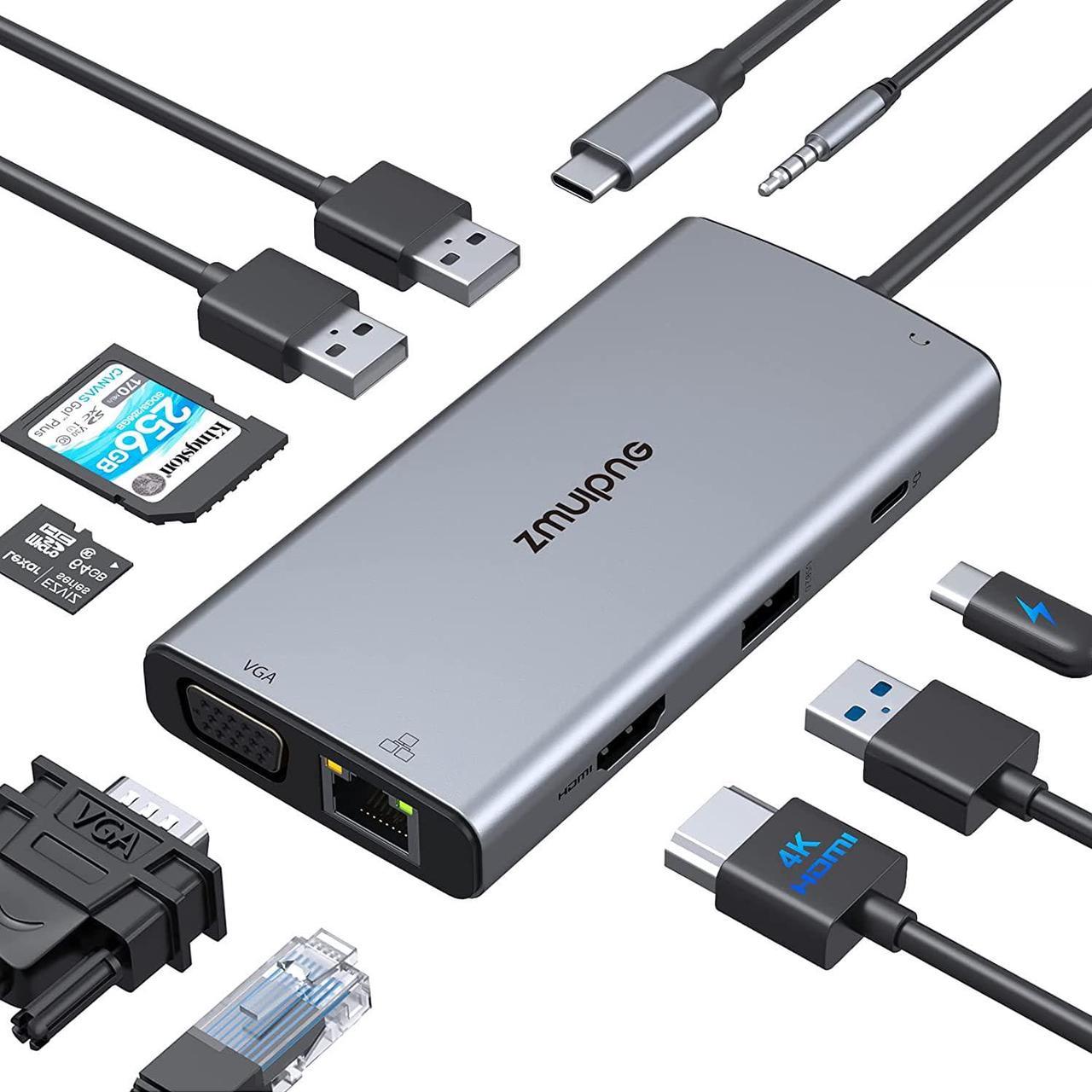 USB C Hub Adapter, 10 in 1 Type C Hub with 4K HDMI, Ethernet,VGA,100W Power Delivery, 3 USB 3.0 Ports, Audio and SD/TF Card Reader for MacBook Pro Air 2020/2019/2018,Surface Go