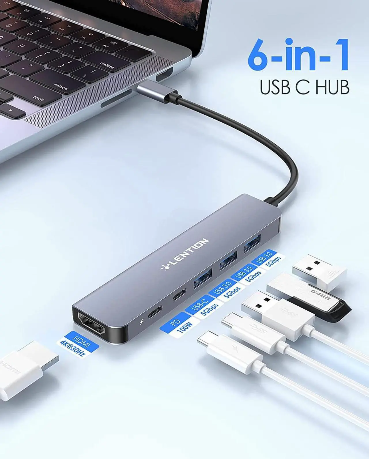 Alt view image 2 of 7 - LENTION USB C Hub, 6 in 1 USB C to USB Adapter, USB C Multiport Hub with 4K HDMI Port, 1 USB-C Data Port, 3 5Gbps USB-A Ports, 100W PD and for New MacBook Pro, Mac Air and More (CE35s, Space Gray)