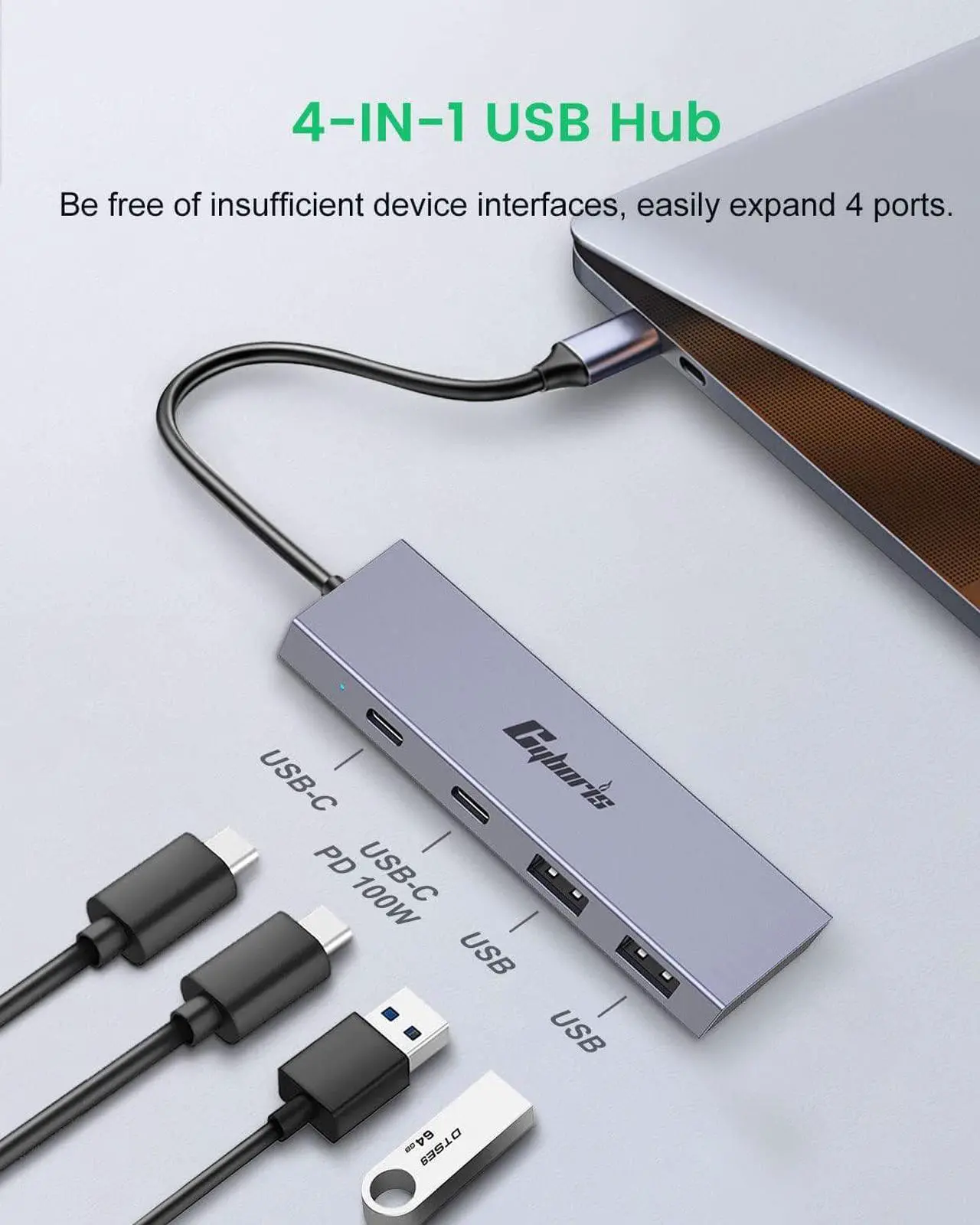 Alt view image 2 of 7 - USB C Hub, 4 Port 10Gbps USB C to USB Adapter USB 3.1 Hub GEN2, USB C Splitter Thunderbolt 3 Compatible, PD100W Powered USB C Hub, USB-C Hub for Laptop, Mobile, Tablet, PC