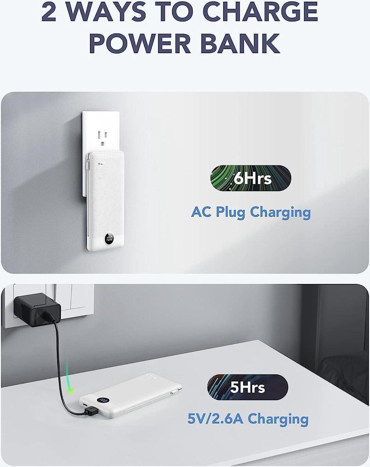 Alt view image 5 of 7 - VRURC Portable Charger Built-in Cables and AC Wall Plug, USB C Power Bank 10000mAh, [2023 Upgraded Version] Phone Charger Compact Lightweight External Battery Pack for Smart Phones, Tablets etc-White
