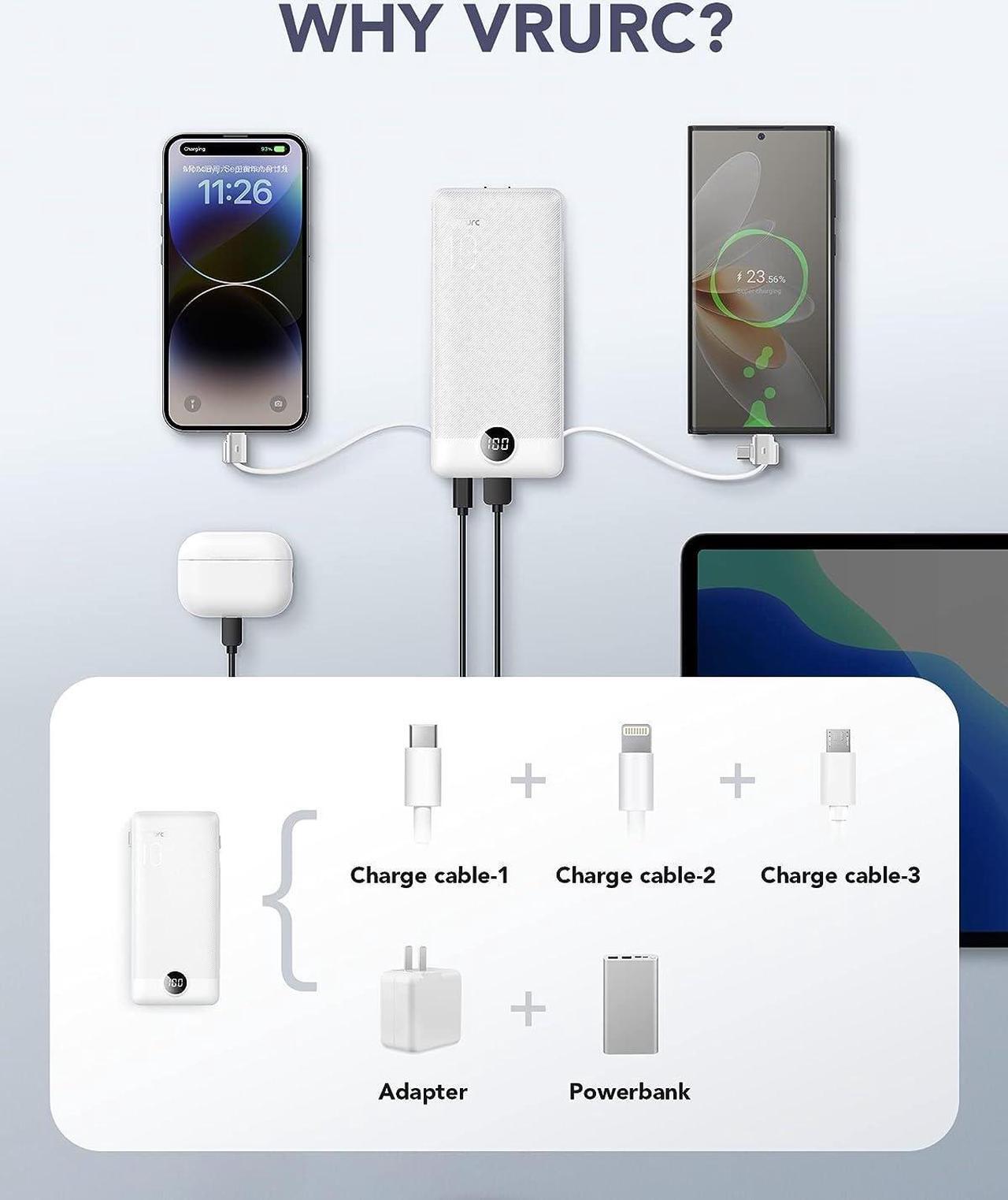 Alt view image 4 of 7 - VRURC Portable Charger Built-in Cables and AC Wall Plug, USB C Power Bank 10000mAh, [2023 Upgraded Version] Phone Charger Compact Lightweight External Battery Pack for Smart Phones, Tablets etc-White