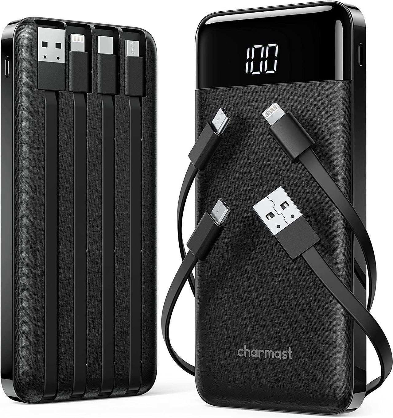 2 Pack of Portable Chargers with Built in Cables, 2PCS Slim 10000mAh Travel Essentials Battery Pack 6 Outputs 3A Power Banks for iPhone Samsung Pixel LG Moto iPad (Black + Black)