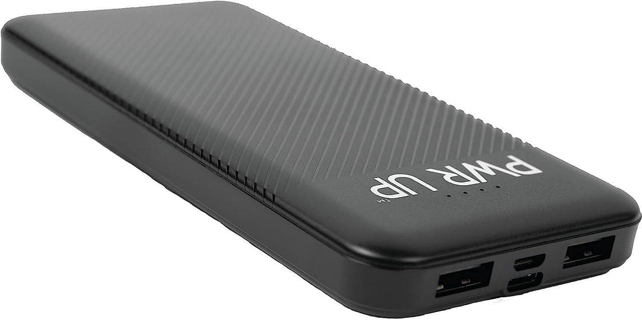 PWR UP 10000mAh Slim Portable Device Charger | Dual USB-A Output | Fast Charge USB-C Input | Charge Indicator LED Lights | Matte Black Color