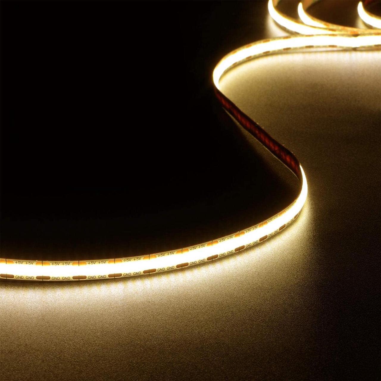 USB 5V LED Strip Lights Warm White 5ft, 480 LEDs COB Strip Light 3000K 1200lm, 80+ Hight CRI LED Tape Lights, Flexible Led Rope Lights for TV Backlight, Bedroom, Cabinet, Kitchen, DIY Lighting