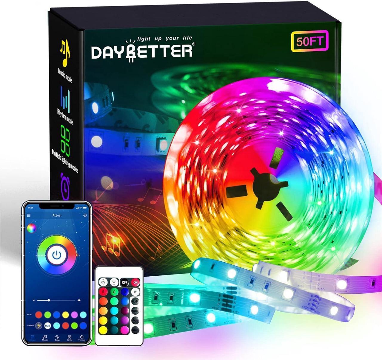 DAYBETTER Led Strip Lights 50ft Smart Light Strips with App Control Remote, 5050 RGB Led Lights for Bedroom, Music Sync Color Changing Lights for Room Party