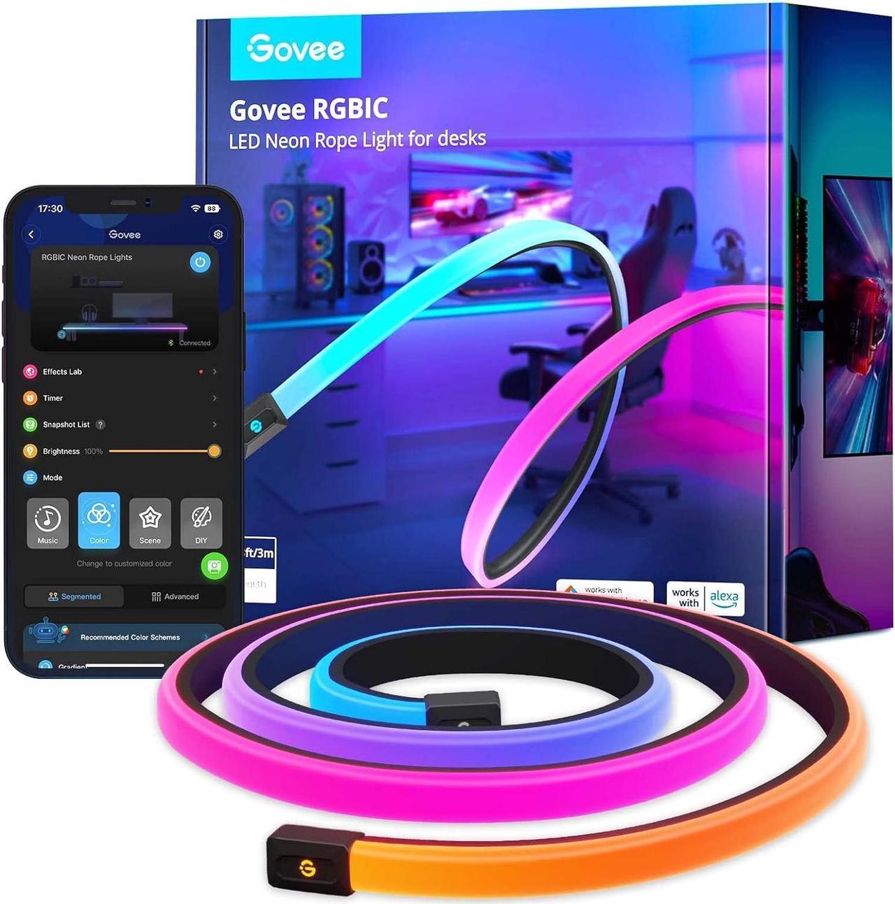 Govee RGBIC Gaming Lights, 10ft Neon Rope Lights Soft Lighting for Gaming Desks, LED Strip Lights Syncing with Razer Chroma, Support Cutting, Smart App Control, Music Sync