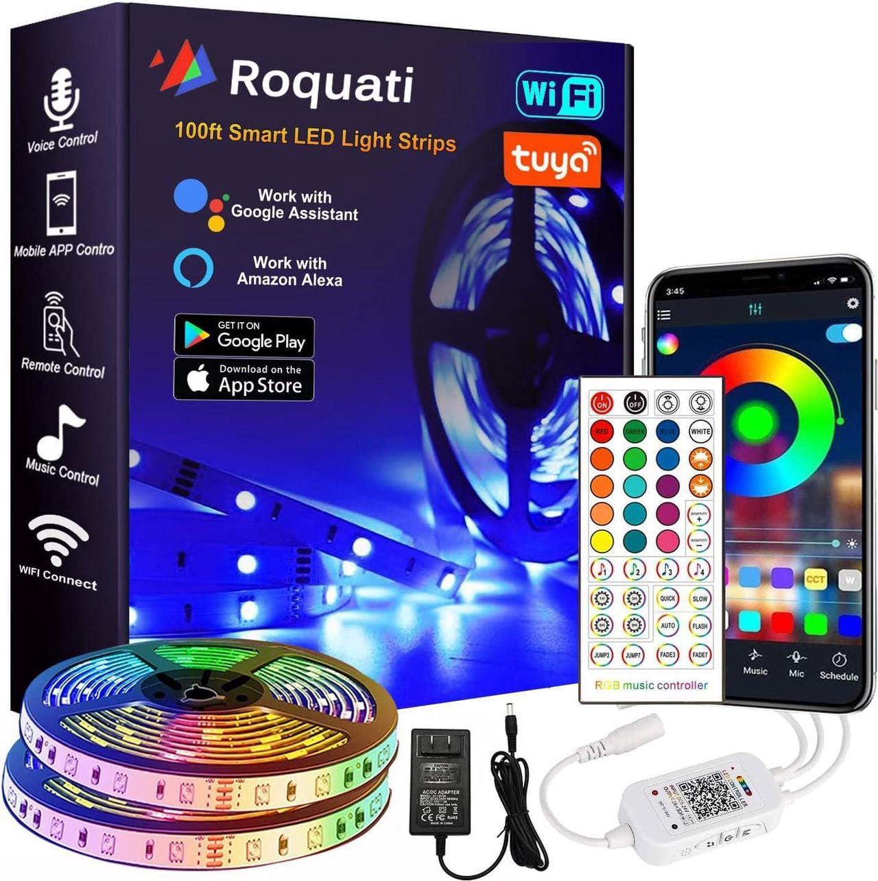 Roquati 100ft LED Lights Strip for Bedroom, WiFi Led Strip Smart Color Changing Rope Lights RGB Strip Lights WiFi Wireless Controller Sync to Music Compatible with Alexa,Google Home,IFTTT(2x50ft)