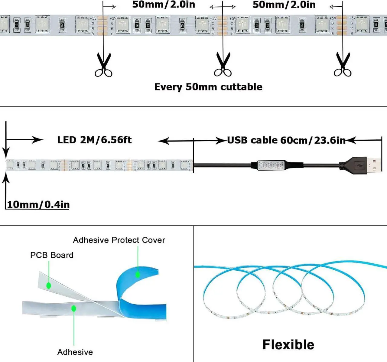 Alt view image 2 of 6 - 5V USB RGB LED Strip Light USB Powered 13.2ft/4M (2pcs x 6.6ft) 240LEDs Flexible SMD 5050 with Controller Dimmable 19 Dynamic Modes 20 Static Colors No-Waterproof IP20 LED Tape Lights