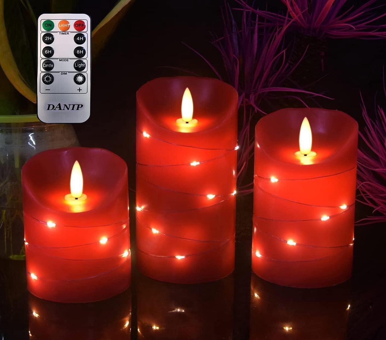 Red LED flameless Candle with Embedded Starlight String, 3 LED Candles, 10-Key Remote Control, 24-Hour Timer Function, Dancing Flame, Real Wax, Battery Powered. (Red Wine)