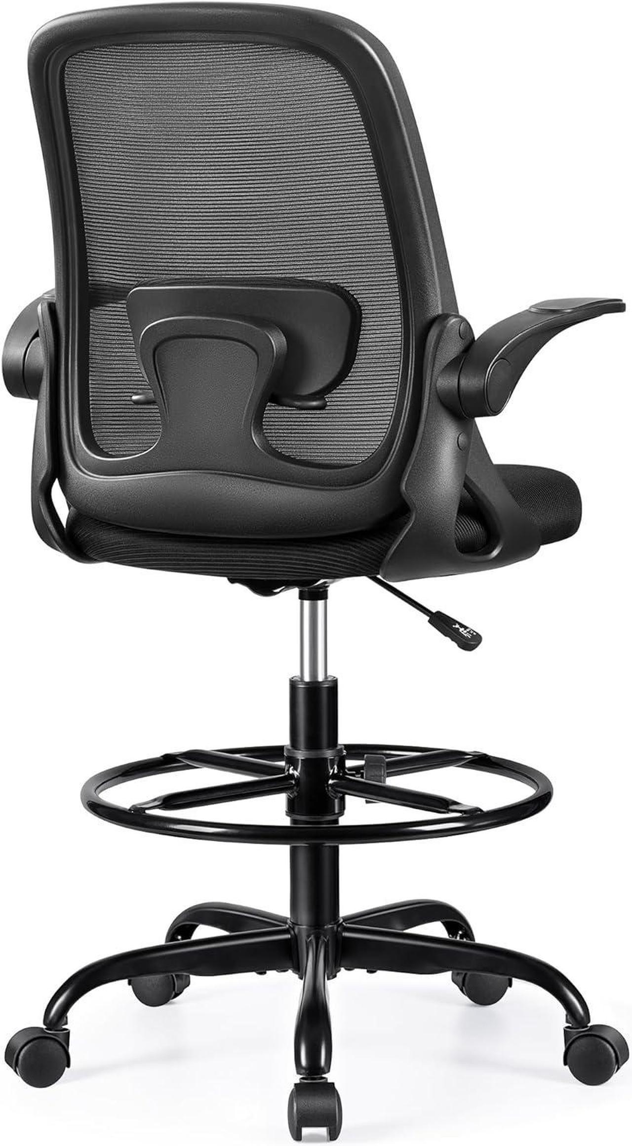 Winrise Drafting Chair Tall Office Chair Ergonomic Desk Chairs with Lumbar Support and Flip-up Armrests, Adjustable Height Comfy Computer Chair with Swivel Task and Adjustable Foot Ring(Black)