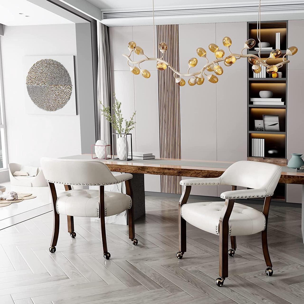 Alt view image 7 of 7 - Dining Chair with Casters, Captain's Chairs with Rollers Dinette Sets Poker Chairs with Wheels Kitchen Table Rolling Chairs High Back Chair On Caster (White 318WT)