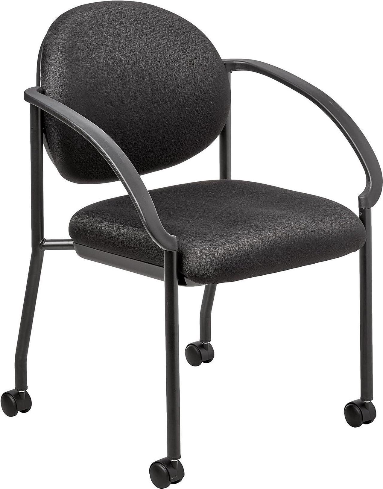 Work Smart Office Star Padded Fabric Seat and Back Stacking Chair with Arms and Dual Wheel Carpet Casters, Black