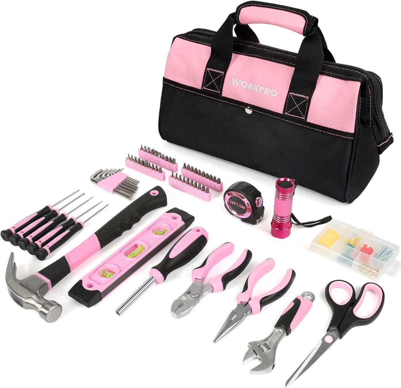 WORKPRO Pink Tool Kit, 106-Piece Home Repairing Tool Set with Wide Mouth Open Storage Bag