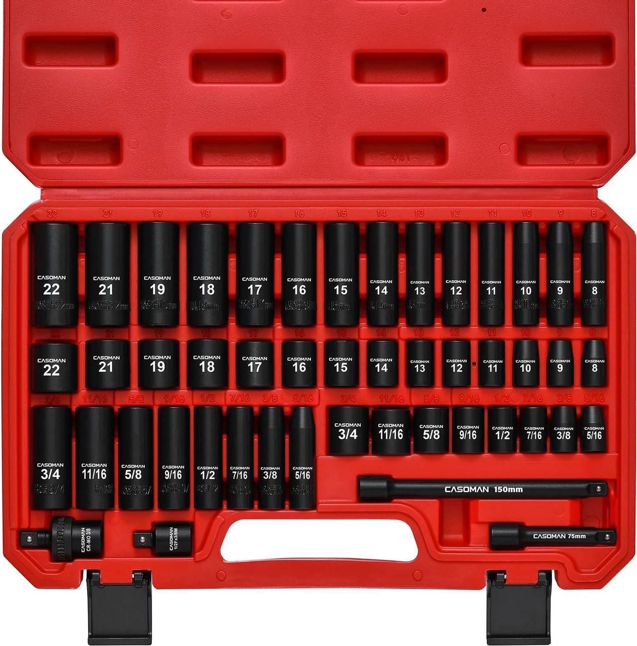 CASOMAN 3/8" Drive Impact Socket Set, 48 Piece Standard SAE and Metric Sizes (5/16-Inch to 3/4-Inch and 8-22 mm), 6 Point, Cr-V Steel Socket Set