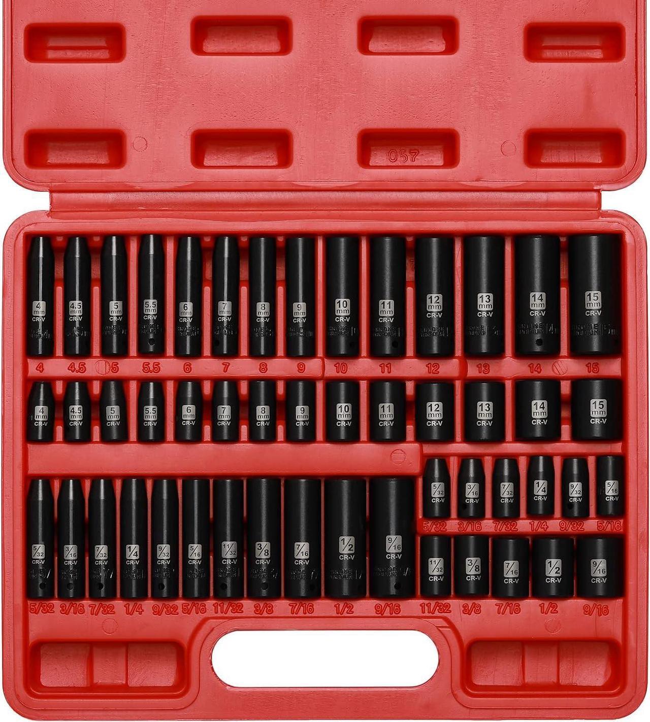 EMENTOL 50PCS 1/4" Drive Deep and Shallow Impact Socket Set, CR-V, SAE/Metric, 6-Point Master Impact Socket Set