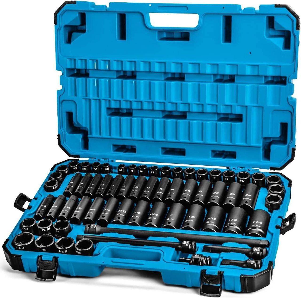 Capri Tools 1/2-Drive Deep Impact Socket Set with Adapters and Extensions, Chrome Molybdenum, Master Set Metric and SAE, Manganese Phosphate, 63-Piece