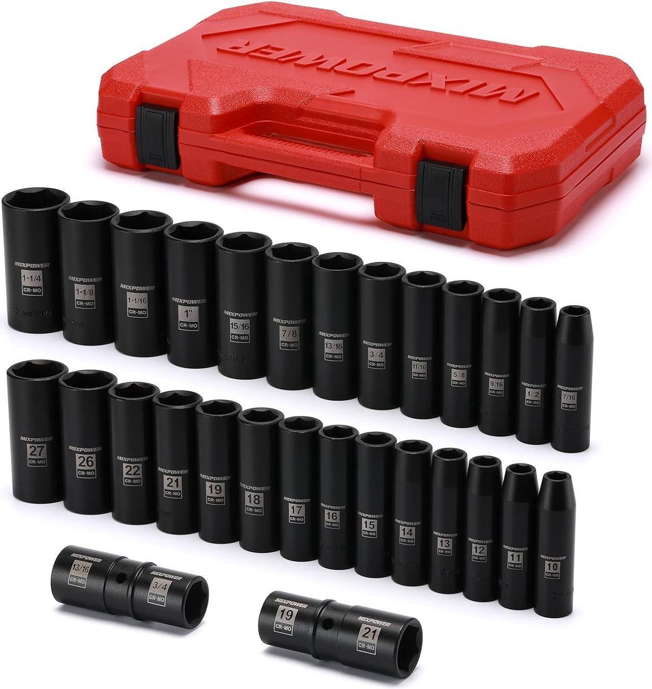 MIXPOWER 1/2-Inch Deep Impact Socket Set, Cr-Mo Steel, 29 Pieces Set, Metric & SAE, 10-27mm, 7/8"- 1-1/4", Include Flip Lug Nut Socket, 19mmX 21mm, 3/4" X13/16", Heavy Duty Storage Case