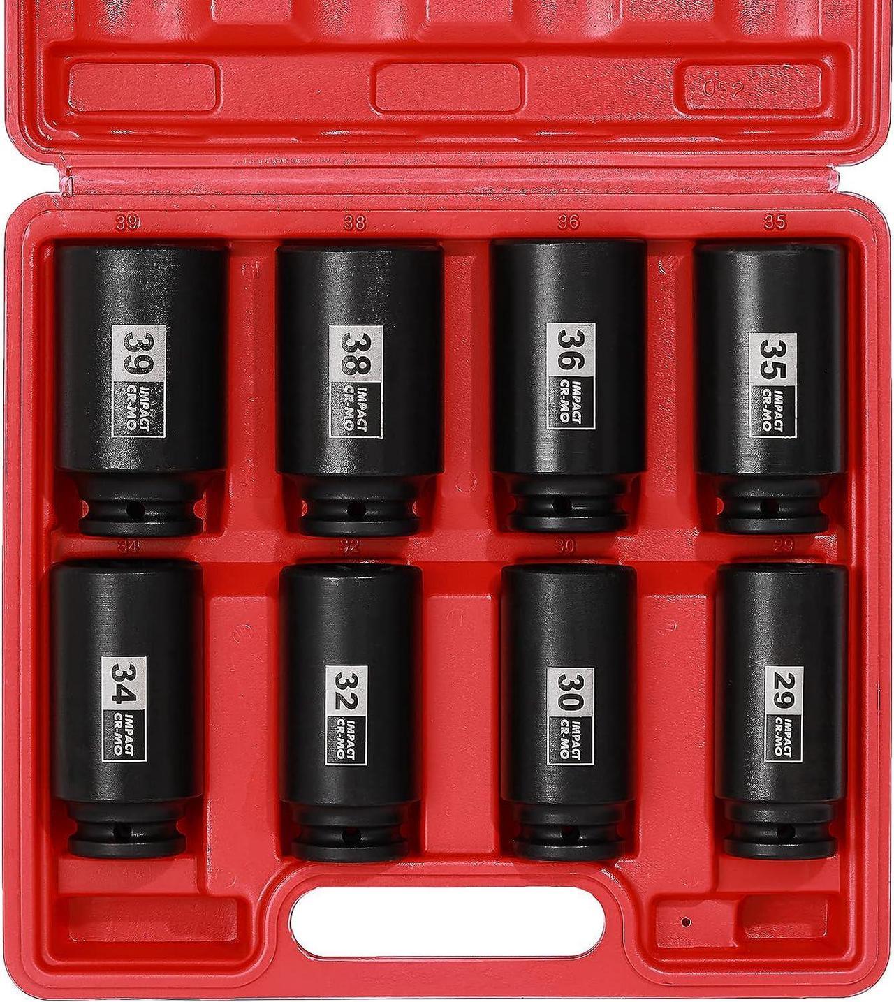 EMENTOL 8PCS 1/2" Drive Deep Spindle Axle Nut Impact Socket Set, CR-MO, 12 Point, Metric, Deep Socket Impact Socket Set