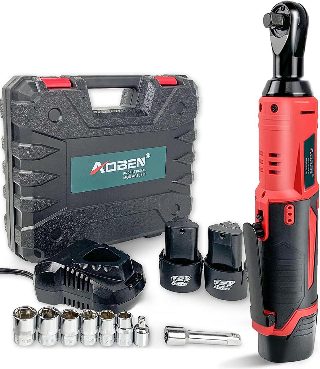 Cordless Electric Ratchet Wrench Set, AOBEN 3/8" 12V Power Ratchet Tool Kit with 2 Packs 2000mAh Lithium-Ion Battery and Charger