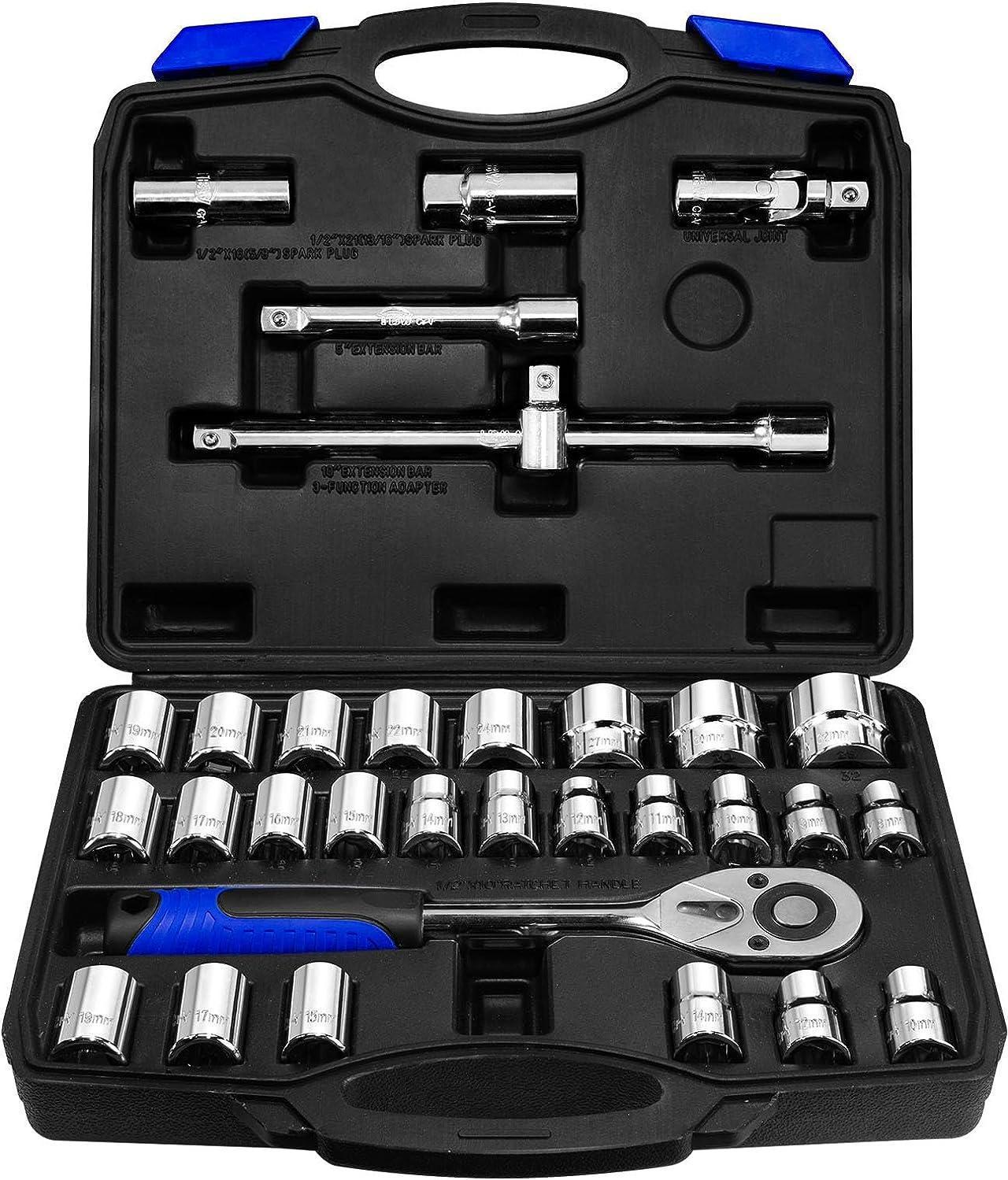 BLACKROBOT 32-Piece 1/2 Drive Metric Socket Set, 6-Point(8mm-32mm) 12-Point(10mm-19mm), Socket Ratchet Wrench Mechanic Tool Set, CR-V Steel