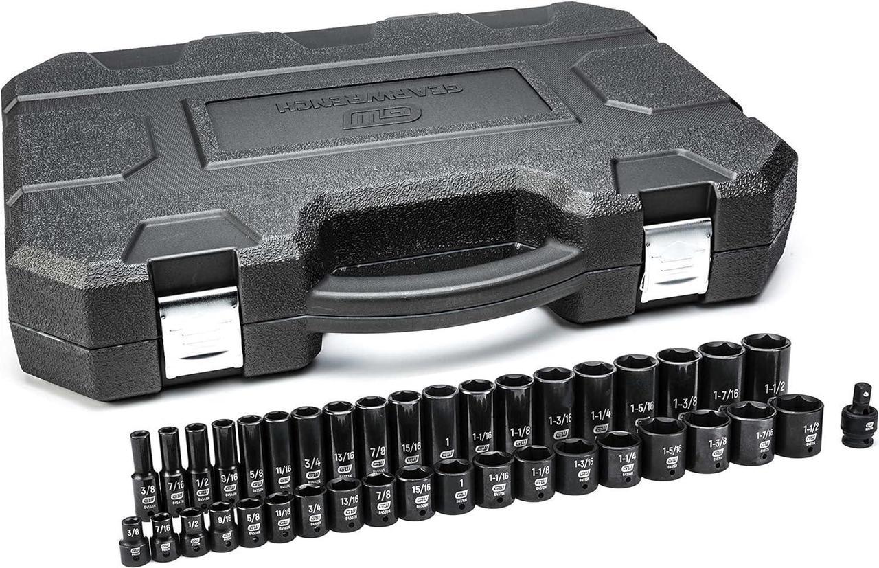 GEARWRENCH 39 Pc. 1/2" Drive 6 Pt. Impact Socket Set, Standard & Deep, SAE - 84947N, Black