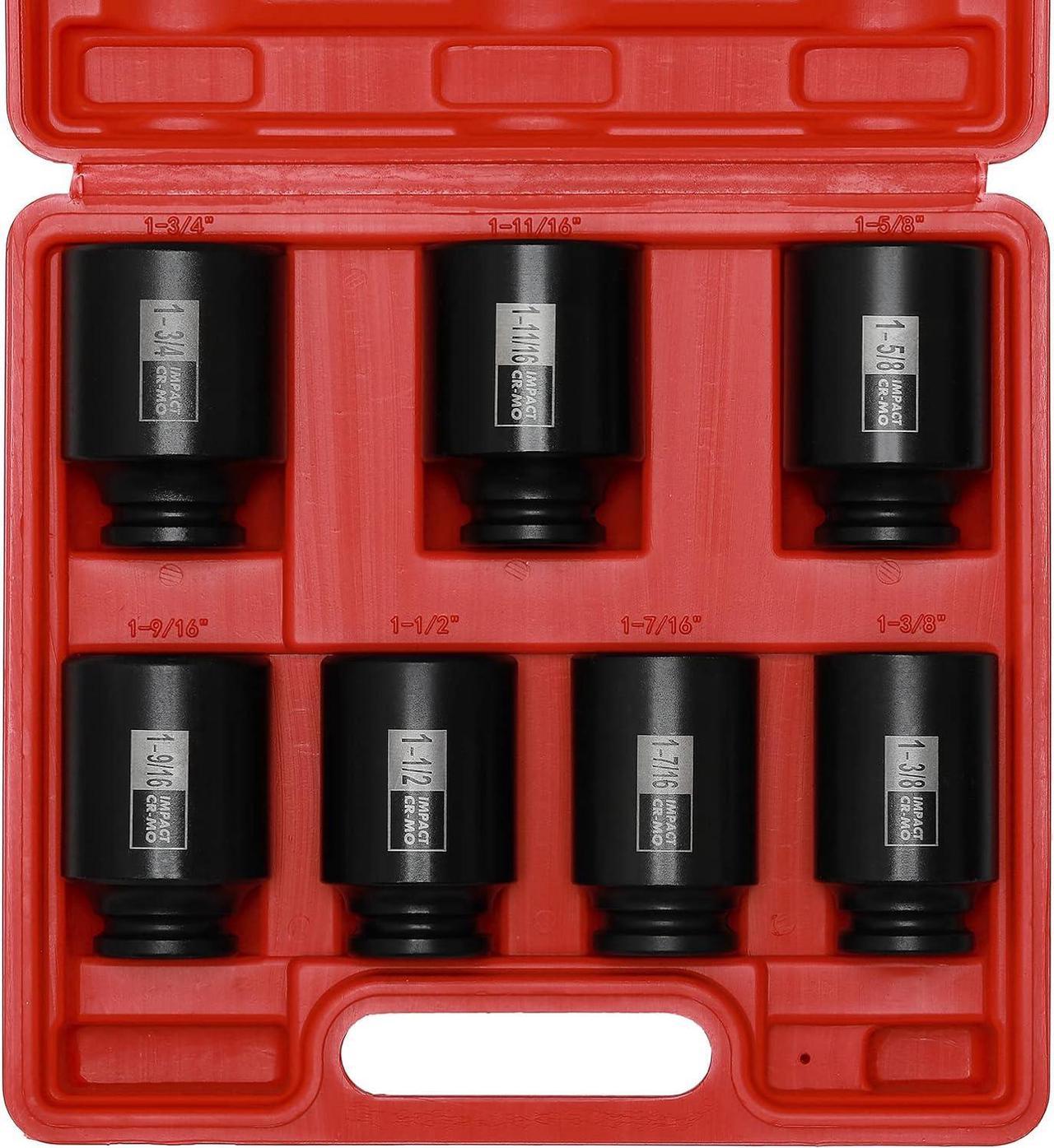 EMENTOL 7PCS 1/2"Drive Deep 6-Point Spindle Axle Nut Impact Socket Set, CR-MO, 1/2" Drive Deep Impact Socket Set, 1-3/8 Inch - 1-3/4 Inch