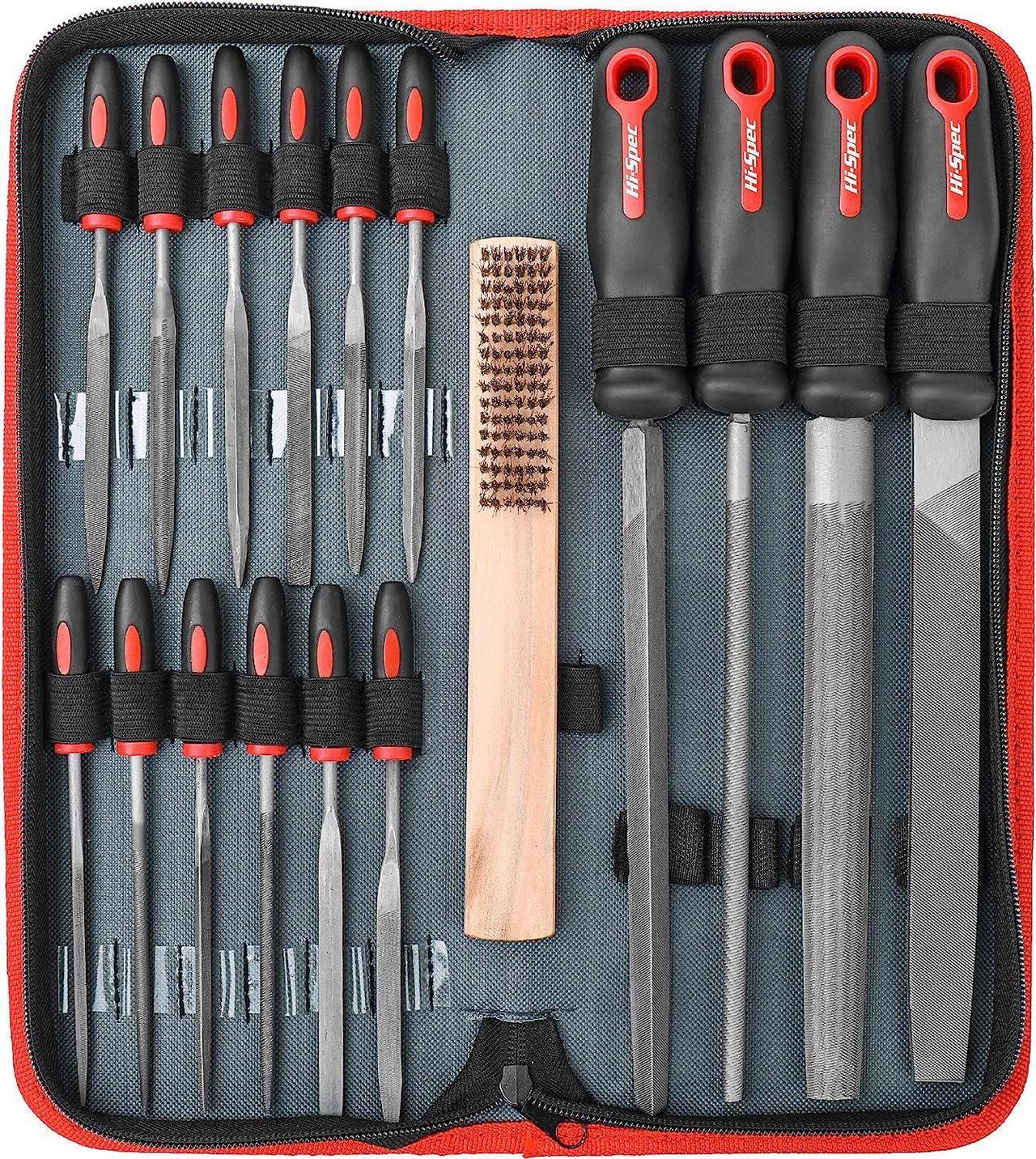 Hi-Spec 17 Piece Carbon-Steel Hand & Needle File Tool Set. 4 Piece Large Flat, Half-Round, Round & Triangle & 12 Piece Fine Micro Needle Files for DIY Craftwork, Metal & Wood Work